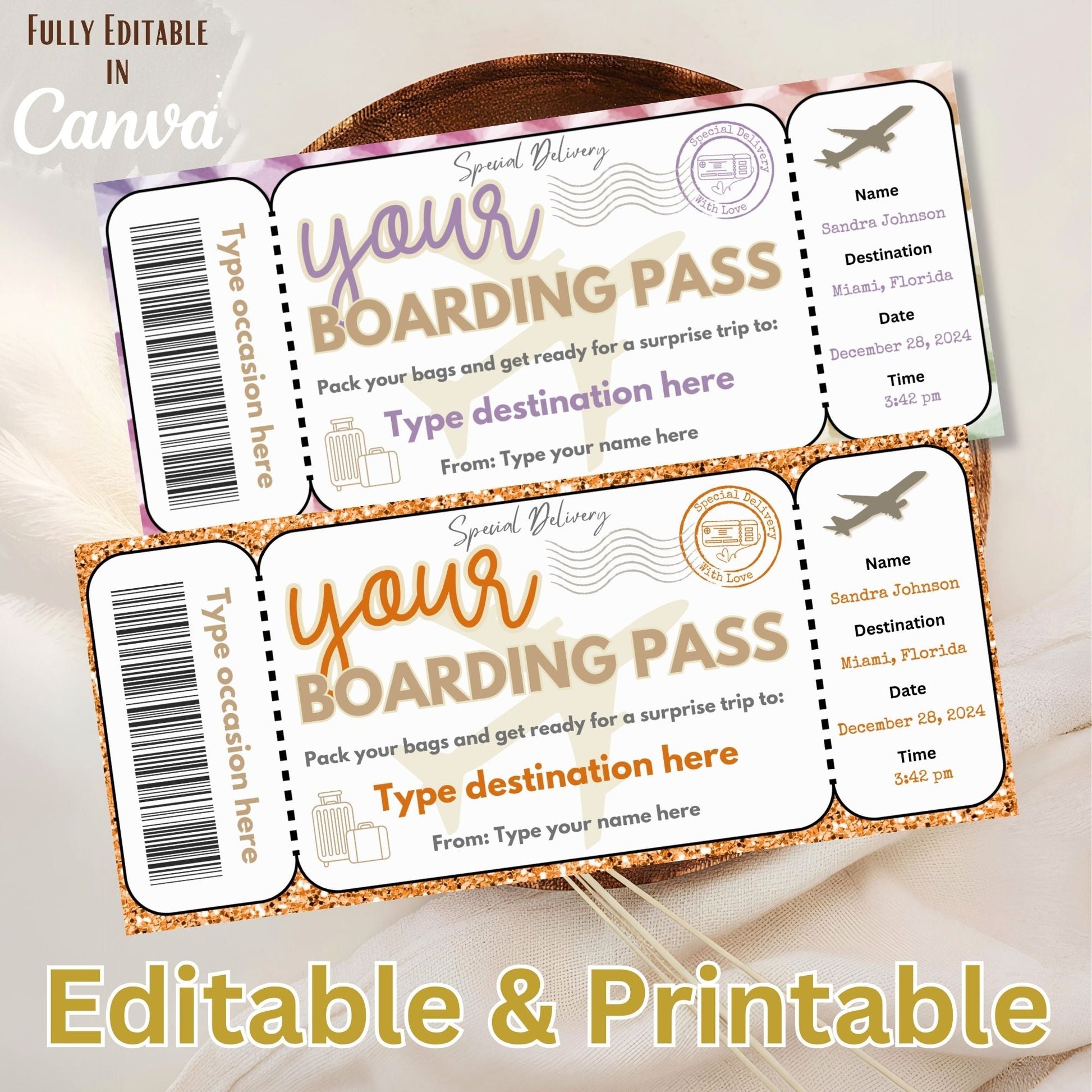 Editable Boarding Pass Template – Surprise Trip Ticket (Digital Download) – Digital Printable by Digital Kim Designs