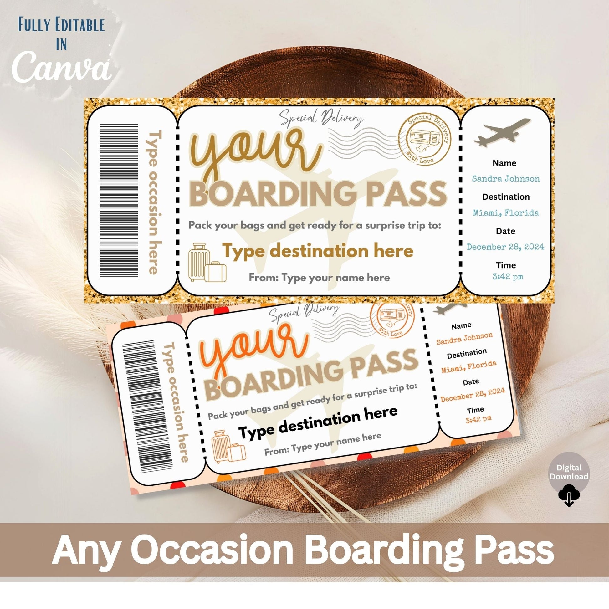 Editable Boarding Pass Template – Surprise Trip Ticket (Digital Download) – Digital Printable by Digital Kim Designs