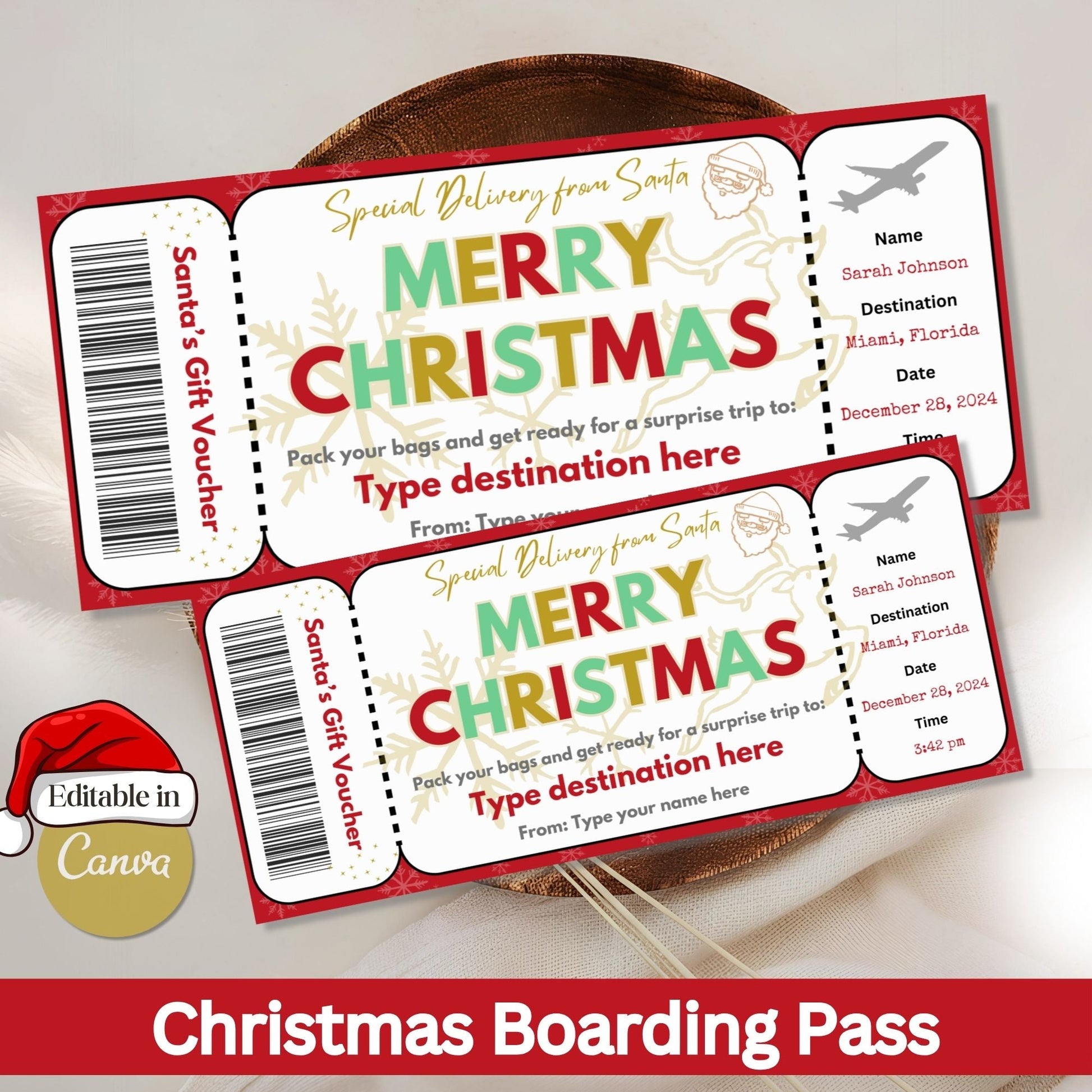 Editable Christmas Boarding Pass Gift Ticket | Santa’s Trip Voucher Printable (Digital Download) – Digital Printable by Digital Kim Designs