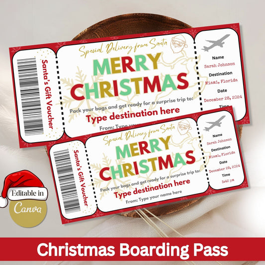 Editable Christmas Boarding Pass Gift Ticket | Santa’s Trip Voucher Printable (Digital Download) – Digital Printable by Digital Kim Designs
