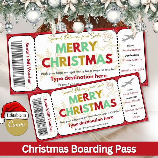 Editable Christmas Boarding Pass Gift Ticket | Santa’s Trip Voucher Printable (Digital Download) – Digital Printable by Digital Kim Designs