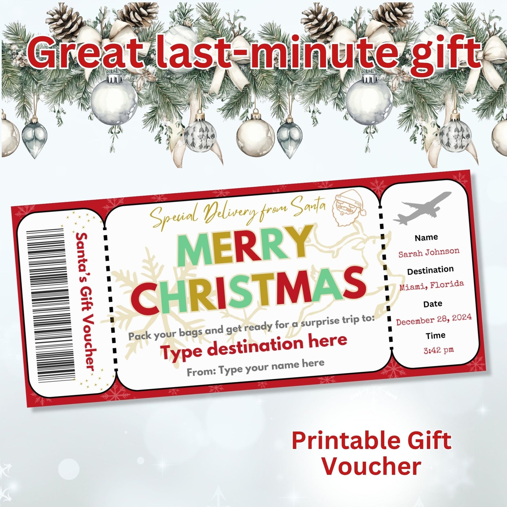 Editable Christmas Boarding Pass Gift Ticket | Santa’s Trip Voucher Printable (Digital Download) – Digital Printable by Digital Kim Designs