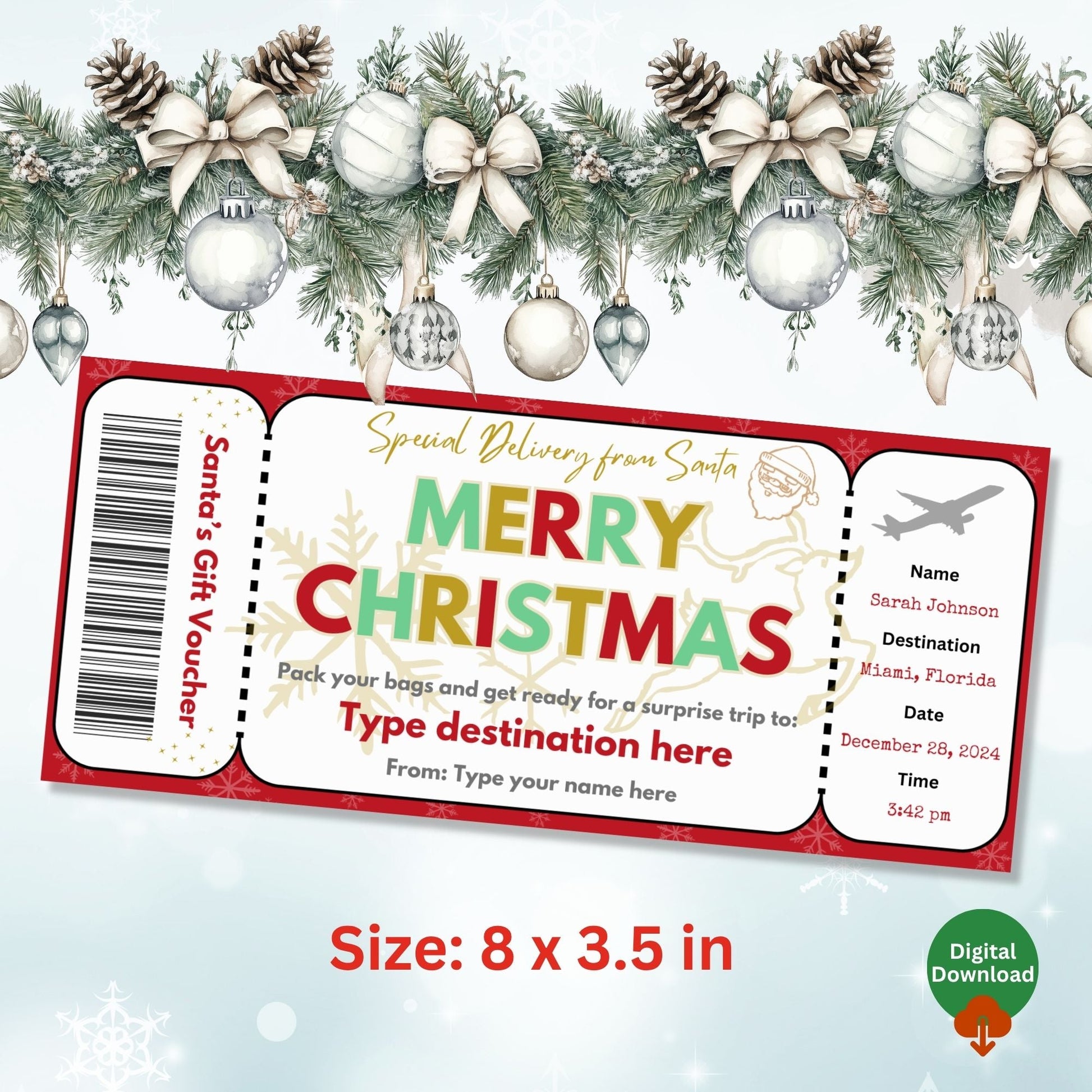 Editable Christmas Boarding Pass Gift Ticket | Santa’s Trip Voucher Printable (Digital Download) – Digital Printable by Digital Kim Designs