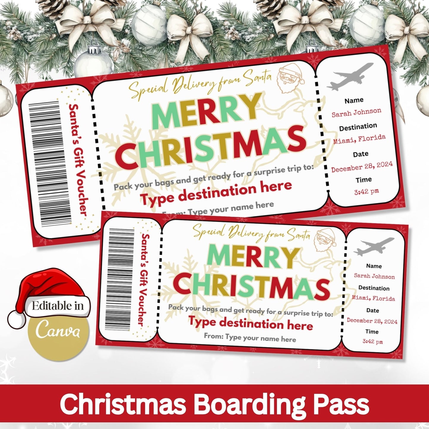 Editable Christmas Boarding Pass Gift Ticket | Santa’s Trip Voucher Printable (Digital Download) – Digital Printable by Digital Kim Designs