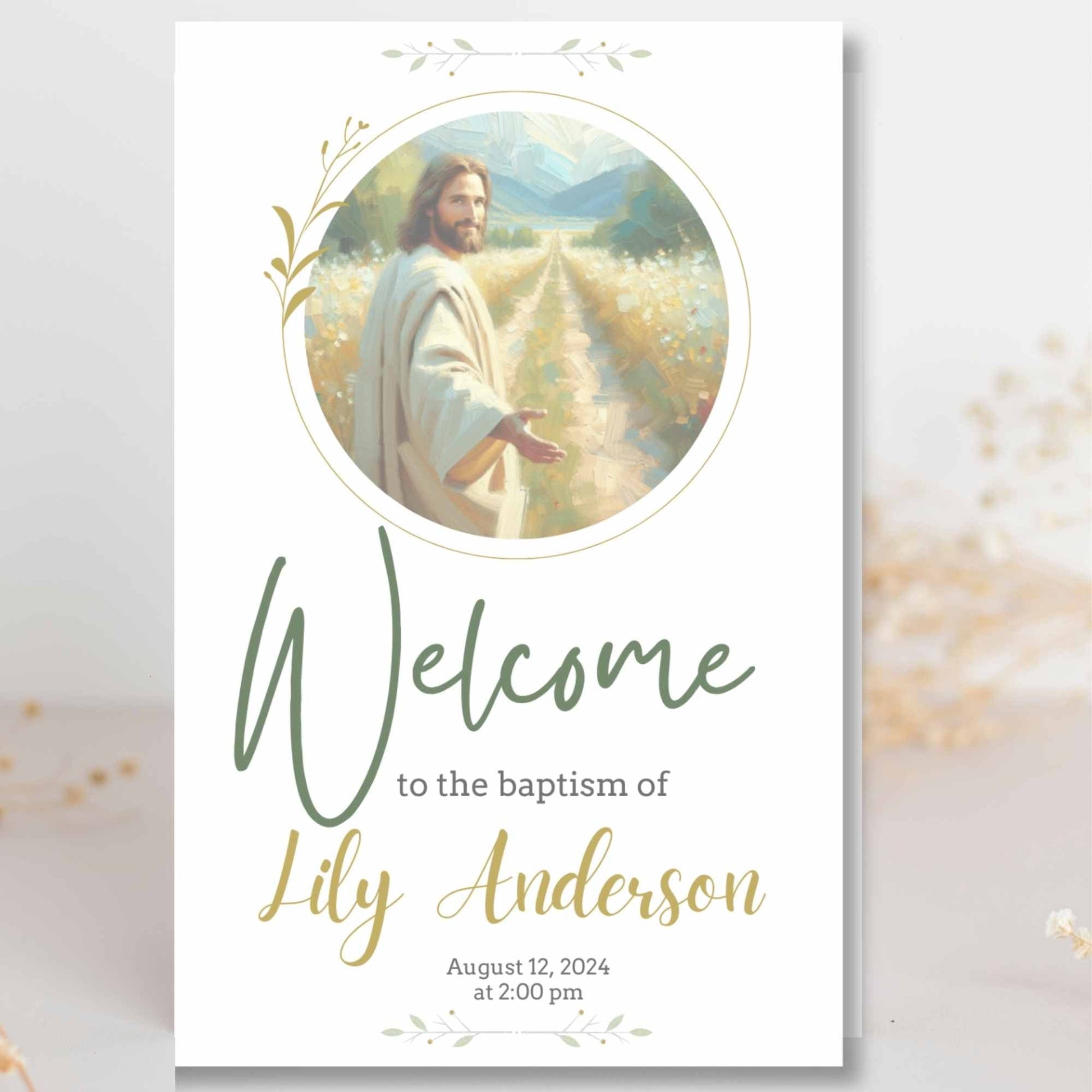 Girl baptism program with Jesus illustration – Canva editable printable