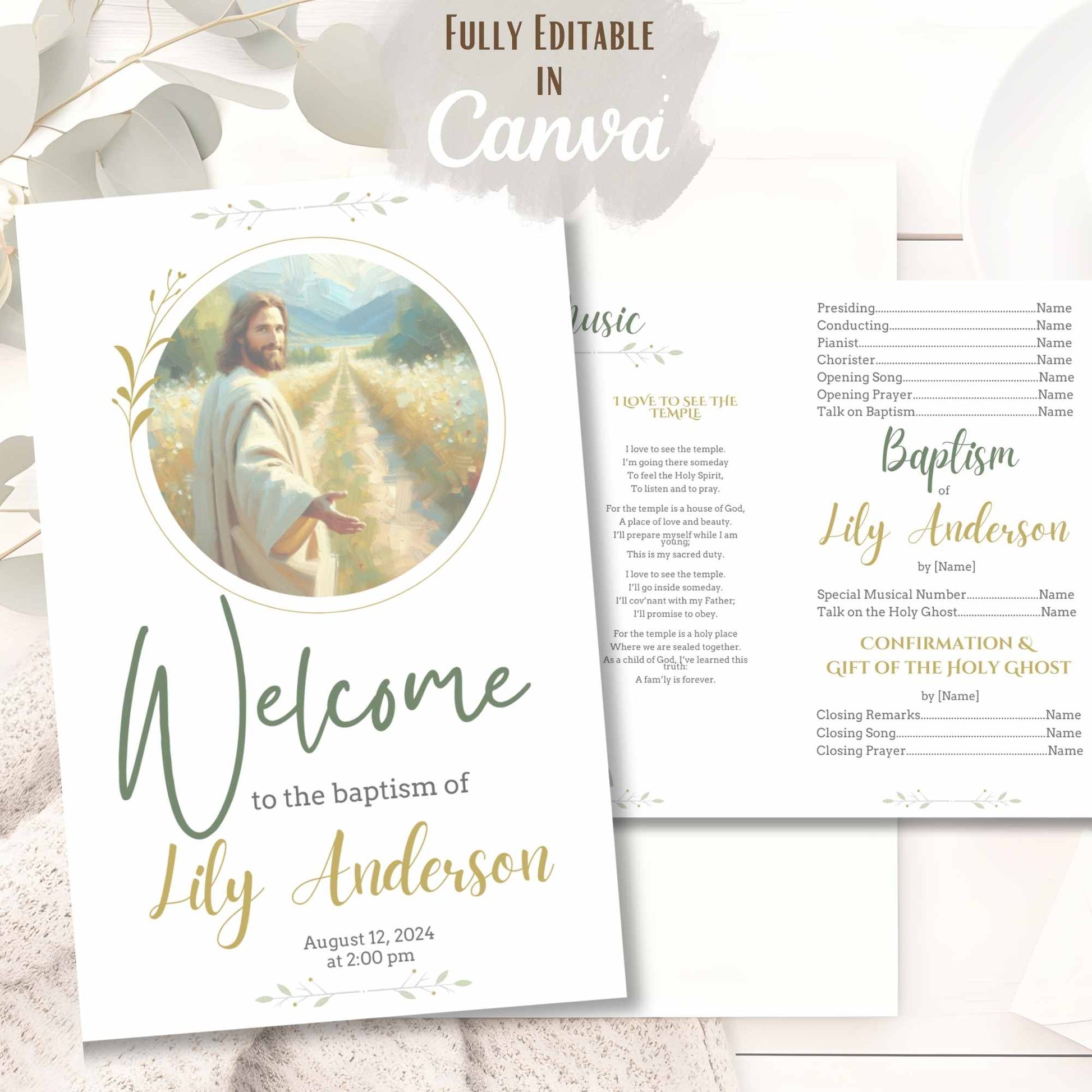 LDS baptism program with Jesus artwork – printable Canva template for boys or girls