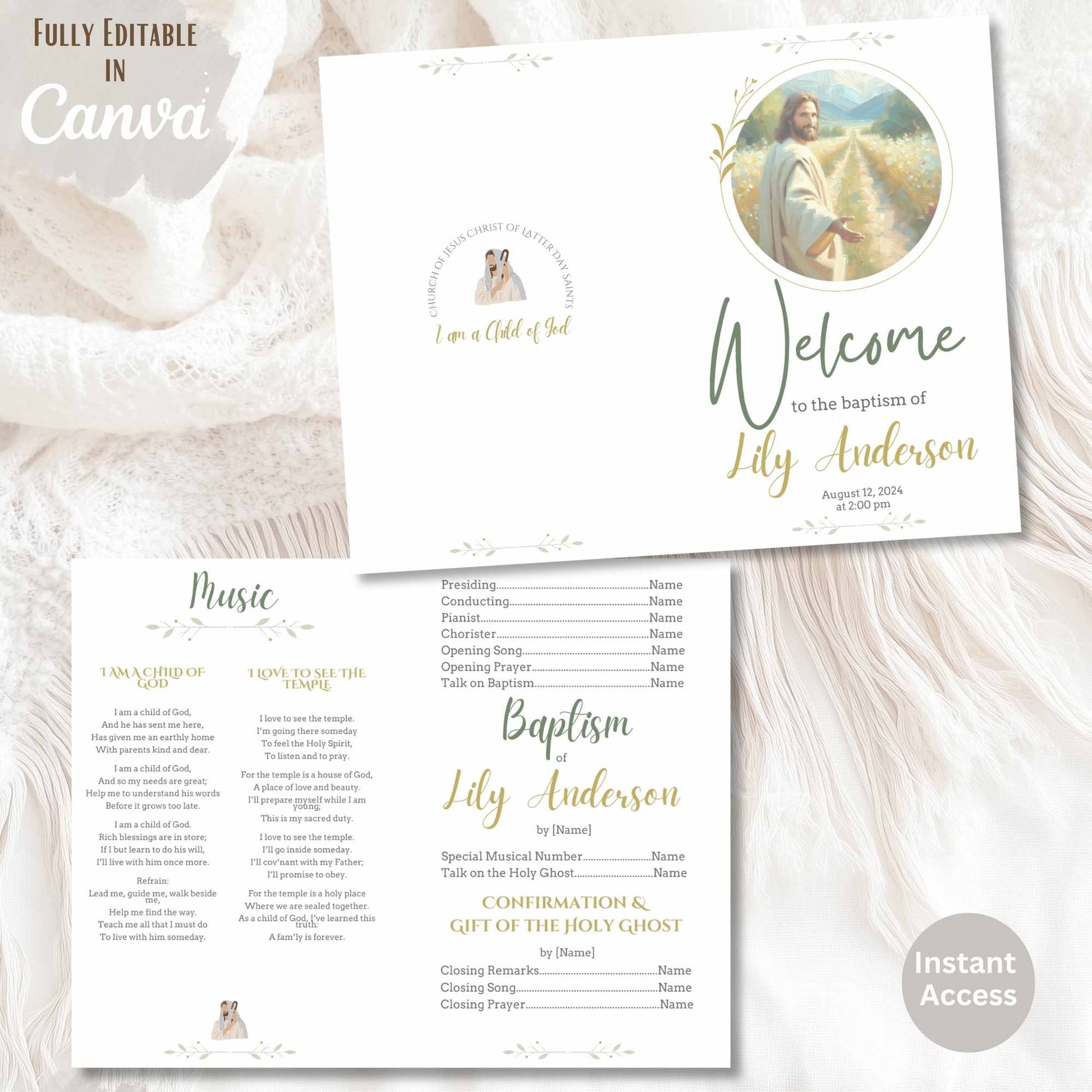 Foldable LDS baptism program for boys or girls – neutral printable design