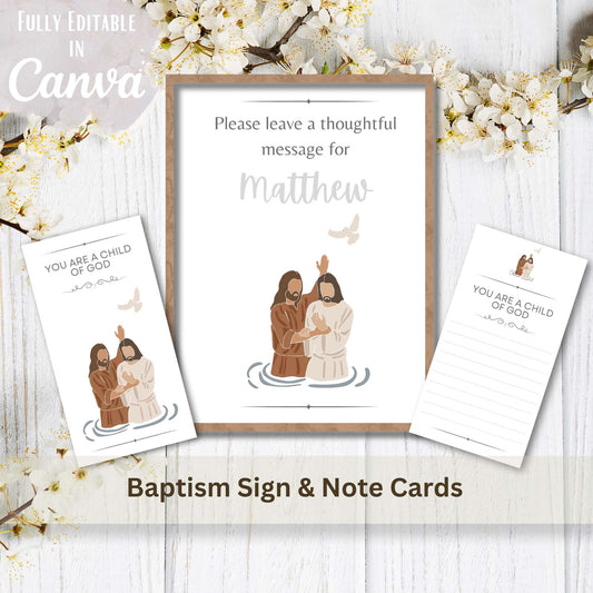 Editable LDS Baptism Sign & Note Cards – Printable Keepsake for Guests, Canva Template – Faith - Based Printable by Digital Kim Designs