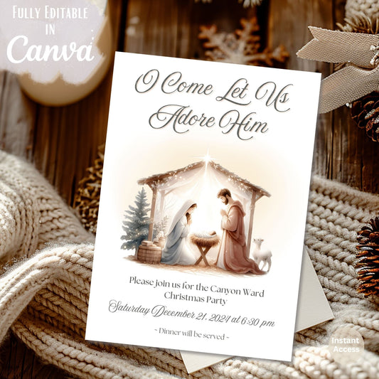 Editable LDS Christmas Party Invitation | O Come Let Us Adore Him | Nativity Canva Template | Digital Download – Digital Printable by Digital Kim Designs
