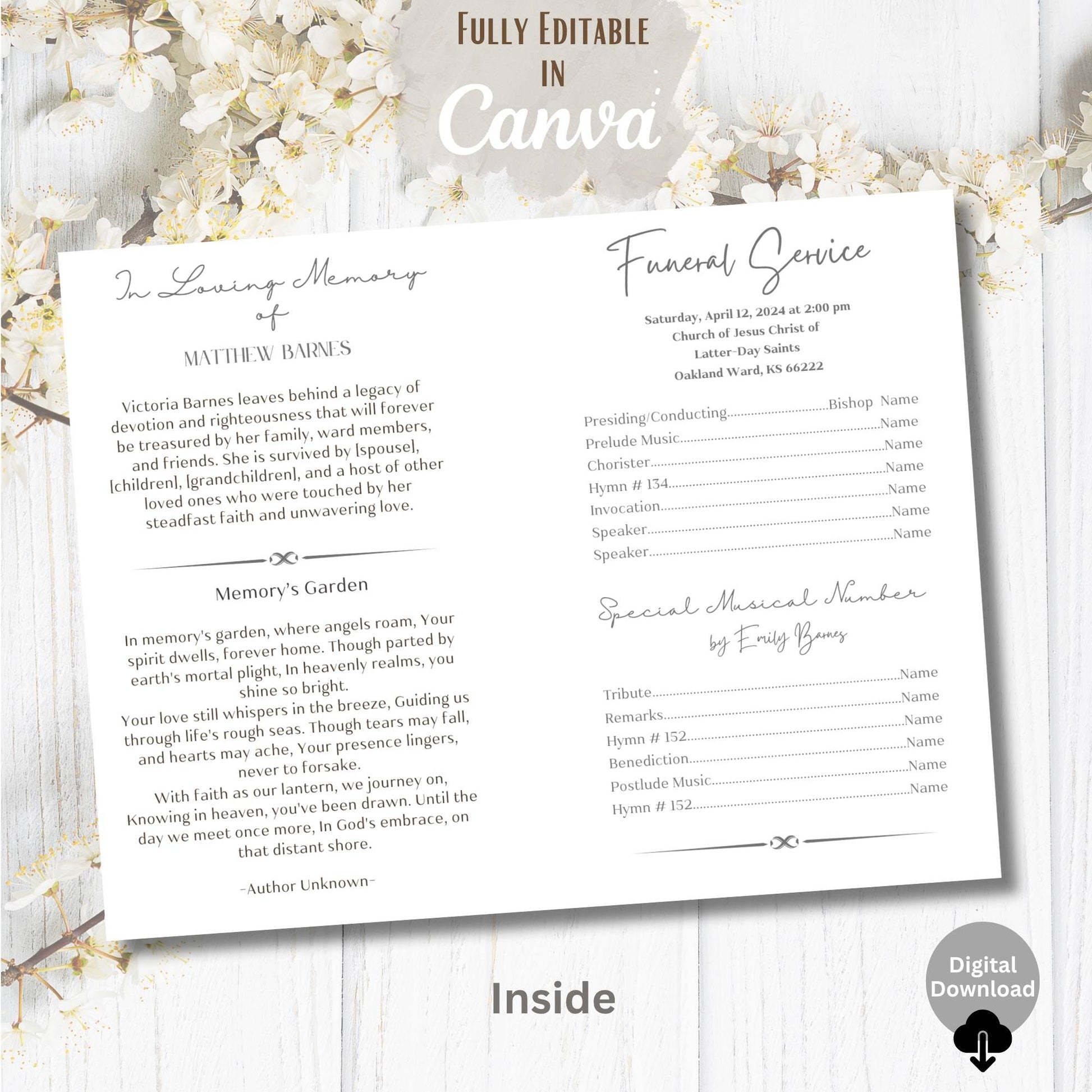 Editable LDS Funeral Program Template – Foldable Celebration of Life Canva Obituary Design – Faith - Based Printable by Digital Kim Designs