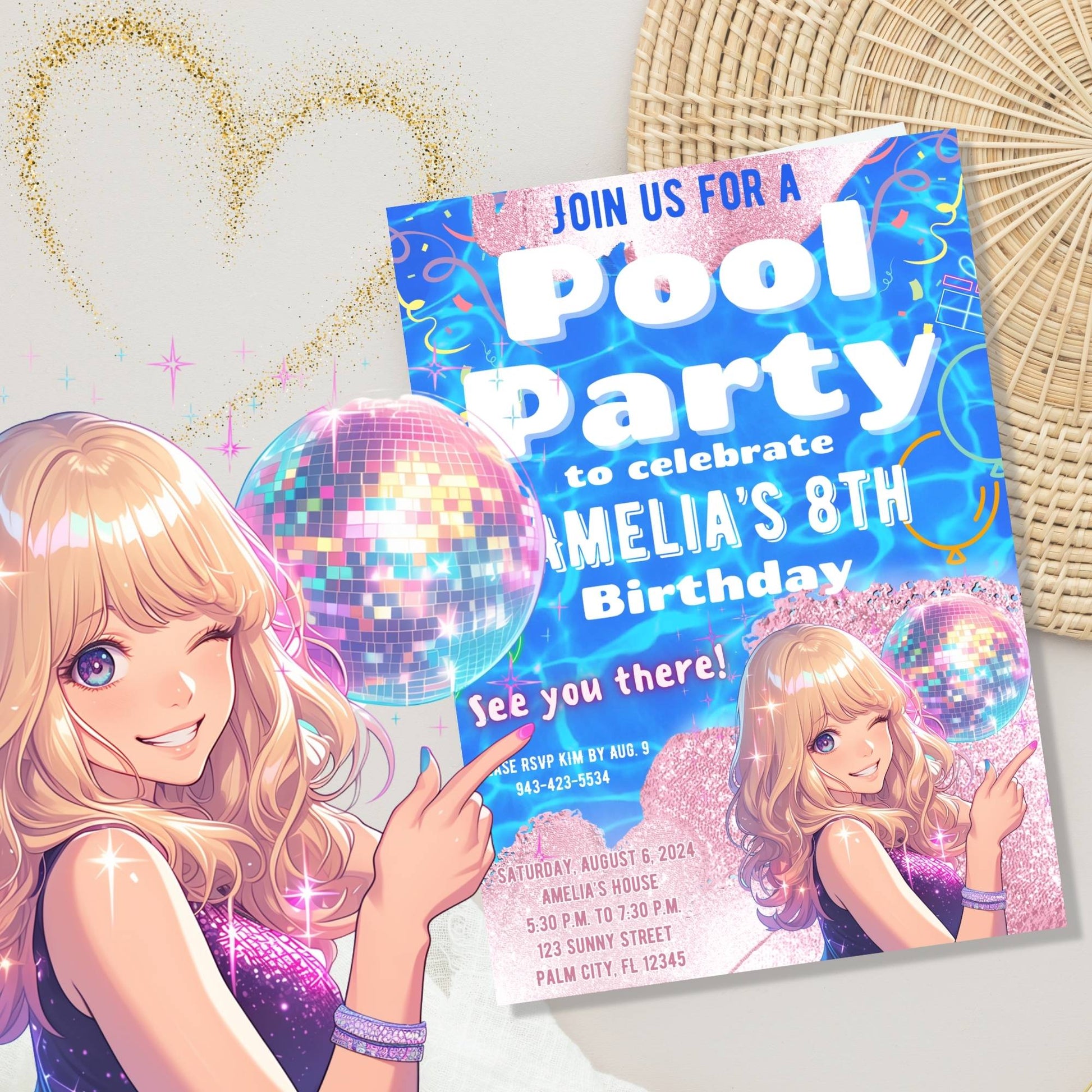 Editable Pool Party Birthday Invitation – Pop Star Canva Template for Girls | Instant Download – Faith - Based Printable by Digital Kim Designs