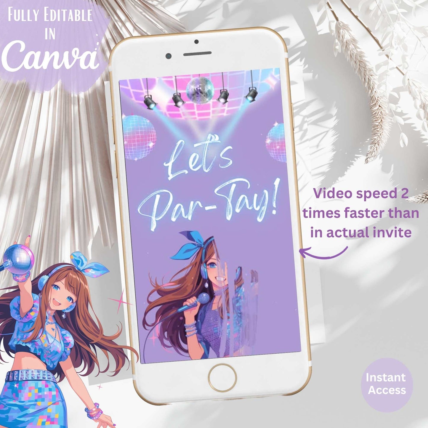 Editable Popstar Video Invitation – Tween Girl Birthday Party with Disco Theme, Canva Template – Faith - Based Printable by Digital Kim Designs
