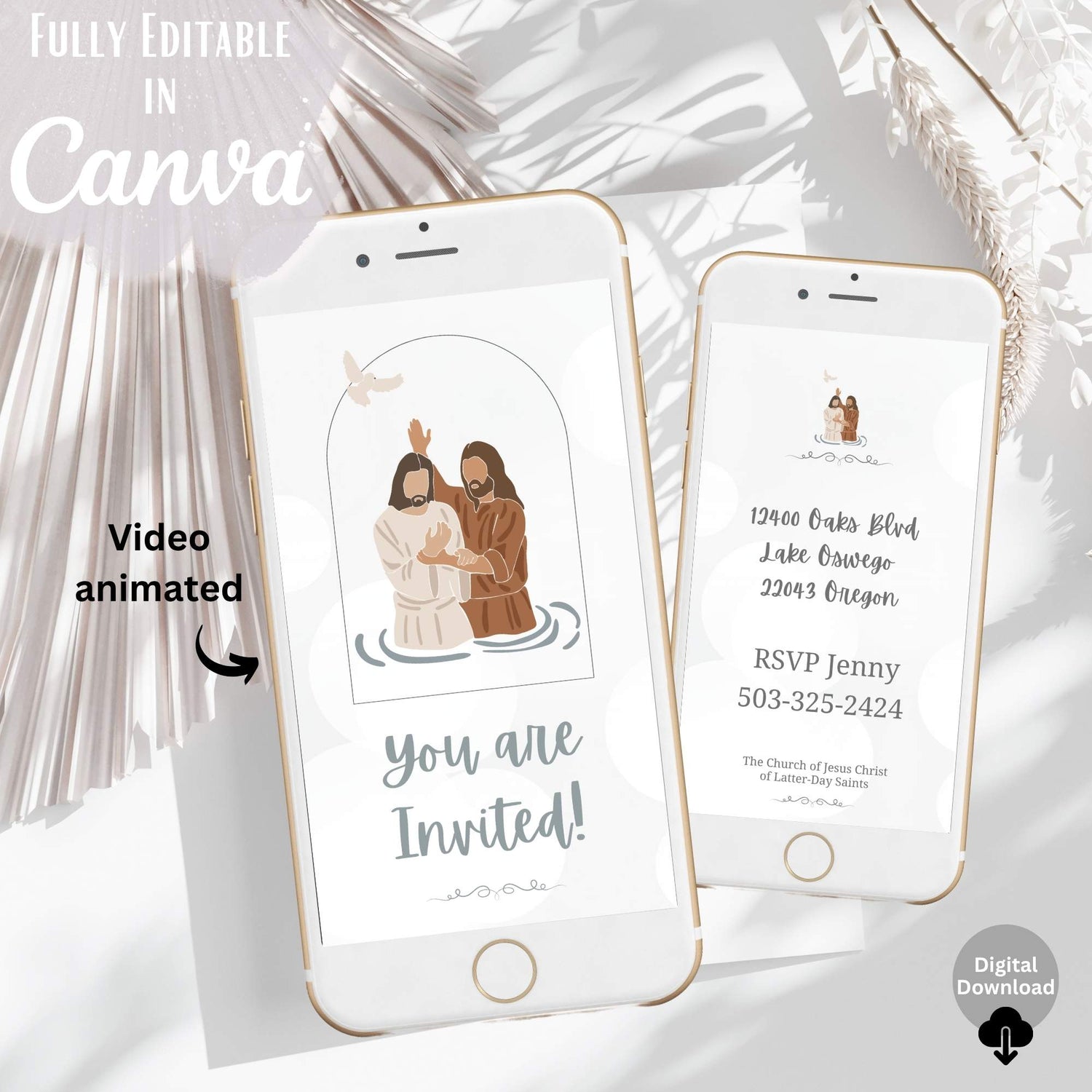 Animated LDS baptism video invitation – editable Canva template with Jesus illustration