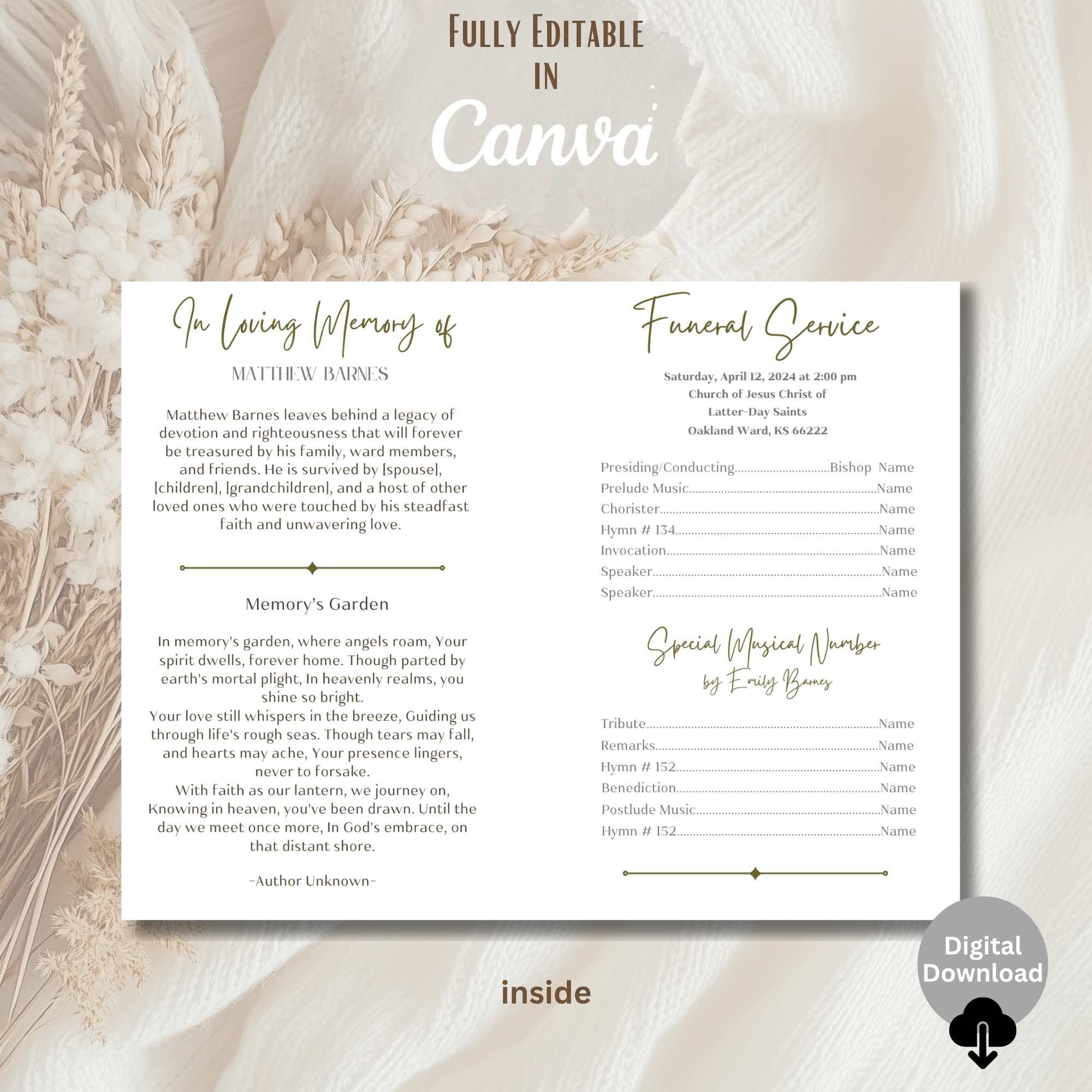 LDS Funeral Program Template – Editable Celebration of Life Canva Template (Foldable, 8.5" x 11") – Faith - Based Printable by Digital Kim Designs