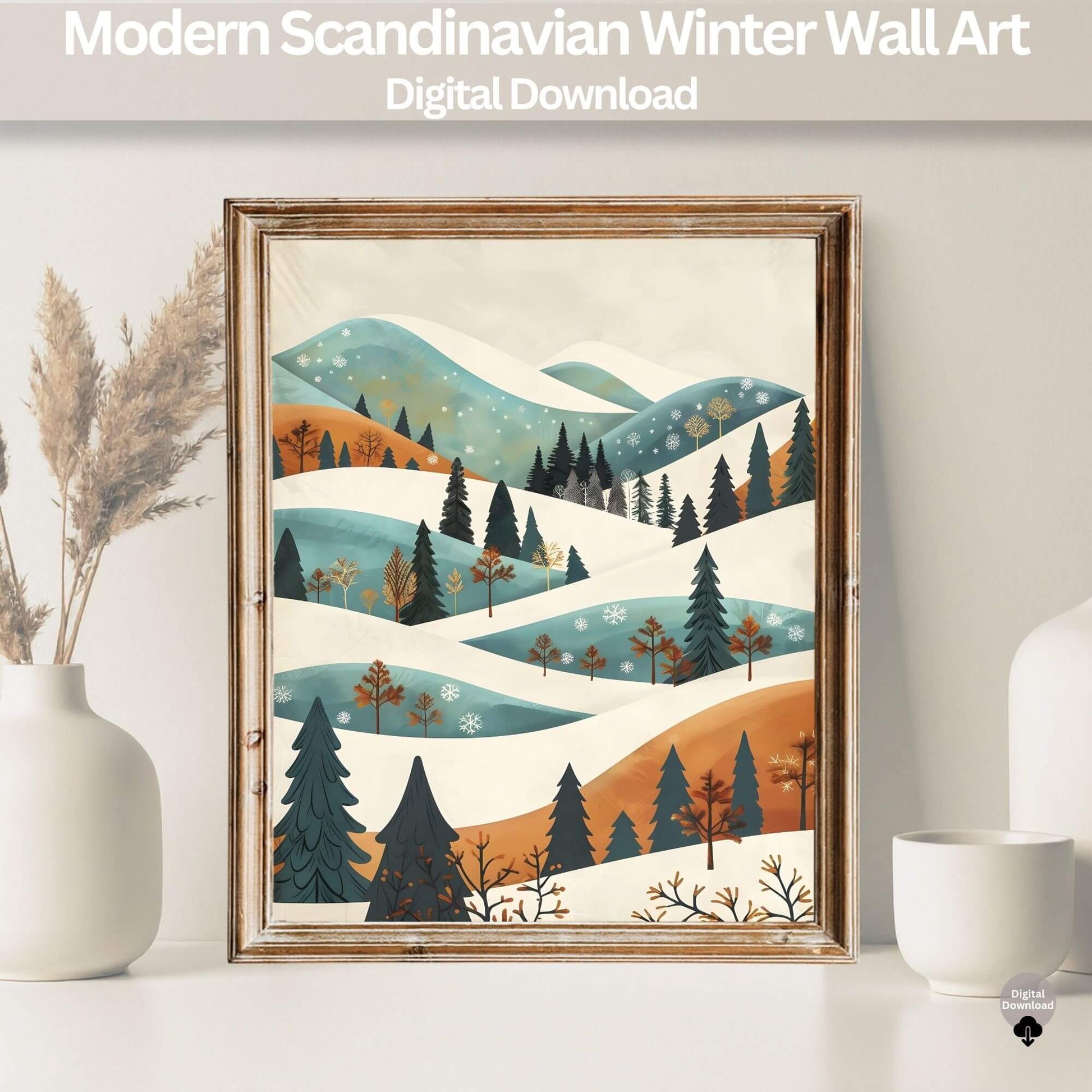 Mid - Century Winter Wall Art |Snowy Hills Print | Modern Scandinavian Christmas Decor Digital Downlaod – Digital Printable by Digital Kim Designs