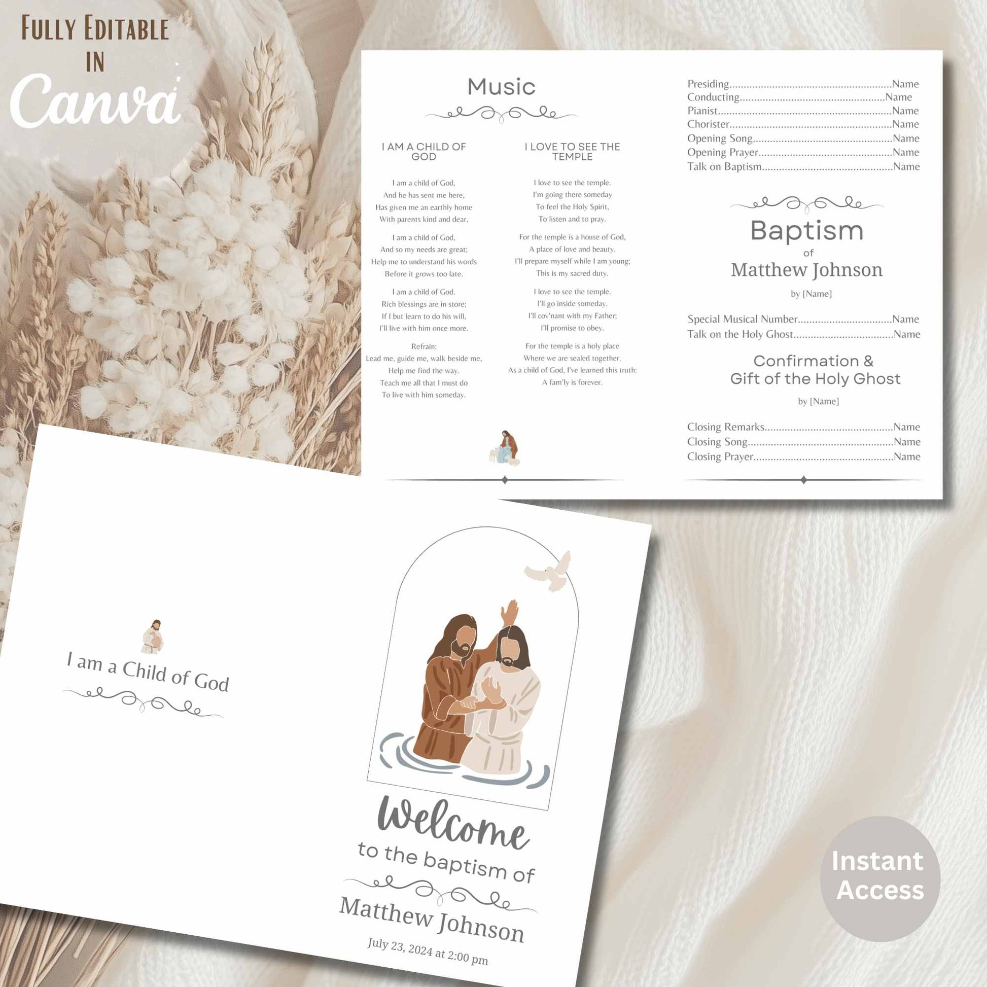 Front and back of minimalist LDS baptism program – Canva printable