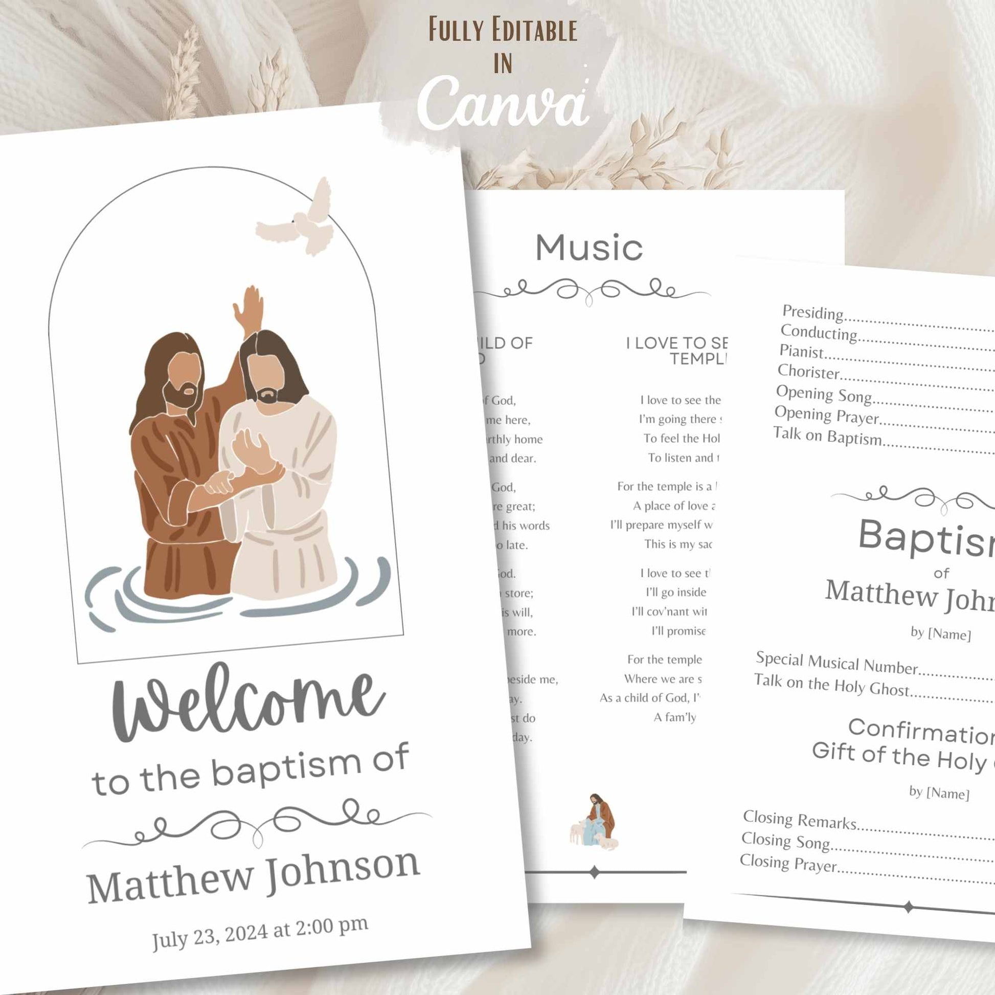 Editable inside of LDS baptism program – music, talks, and confirmation layout