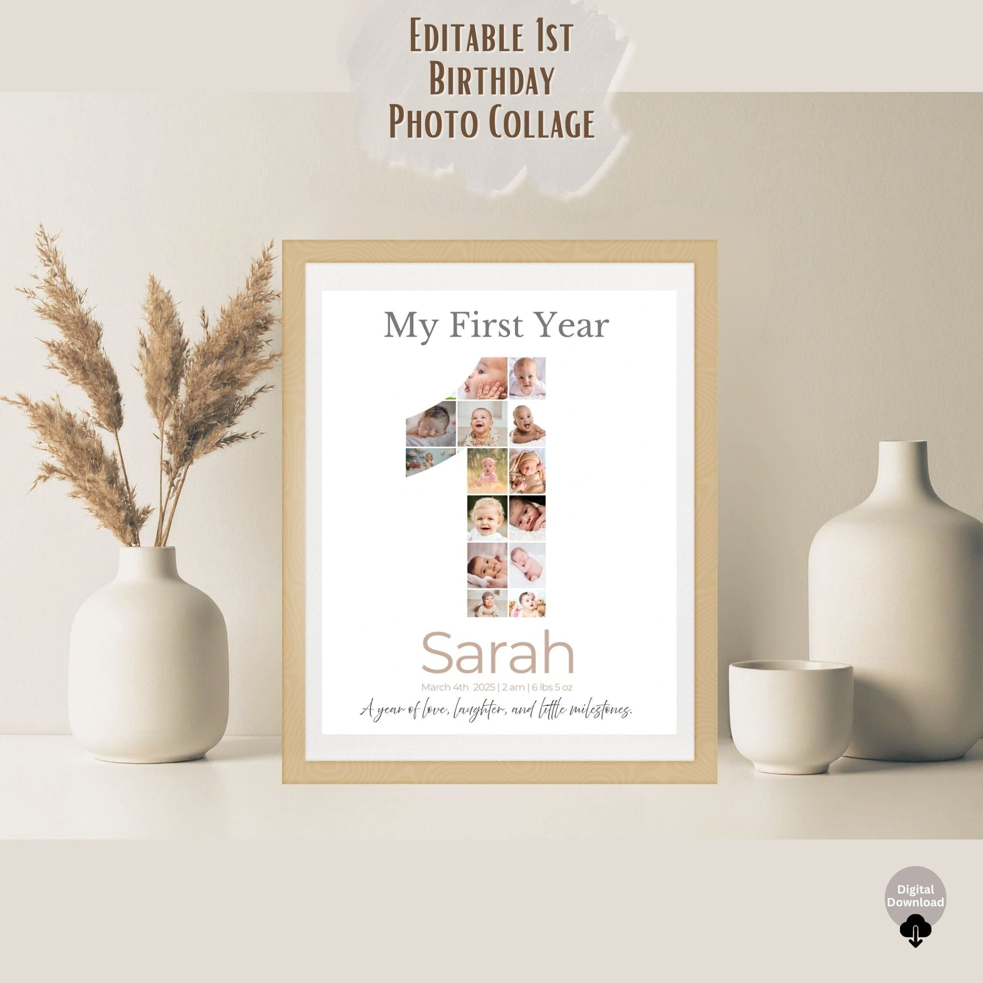 My First Year Photo Collage | Editable Baby Milestone Poster | Custom Name & Date Printable Gift | Canva Template – Digital Printable by Digital Kim Designs