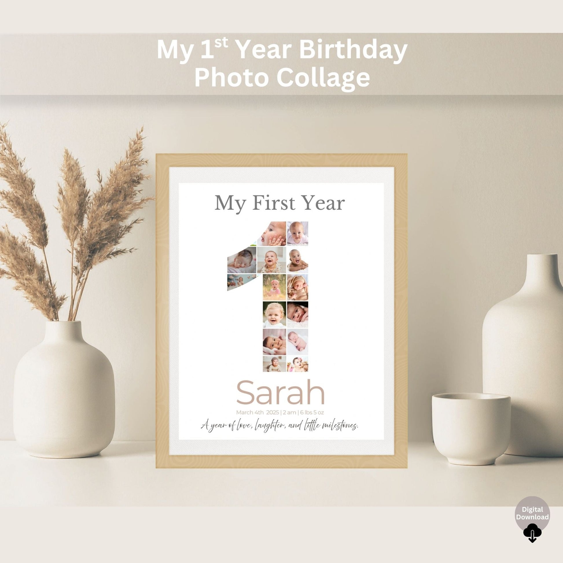 My First Year Photo Collage | Editable Baby Milestone Poster | Custom Name & Date Printable Gift | Canva Template – Digital Printable by Digital Kim Designs