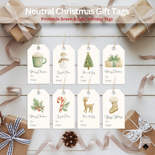 Printable Green & Gold Christmas Gift Tags | Neutral Holiday Tag Set | Cozy Watercolor Reindeer & Snowman Labels (Digital Download) – Digital Printable by Digital Kim Designs