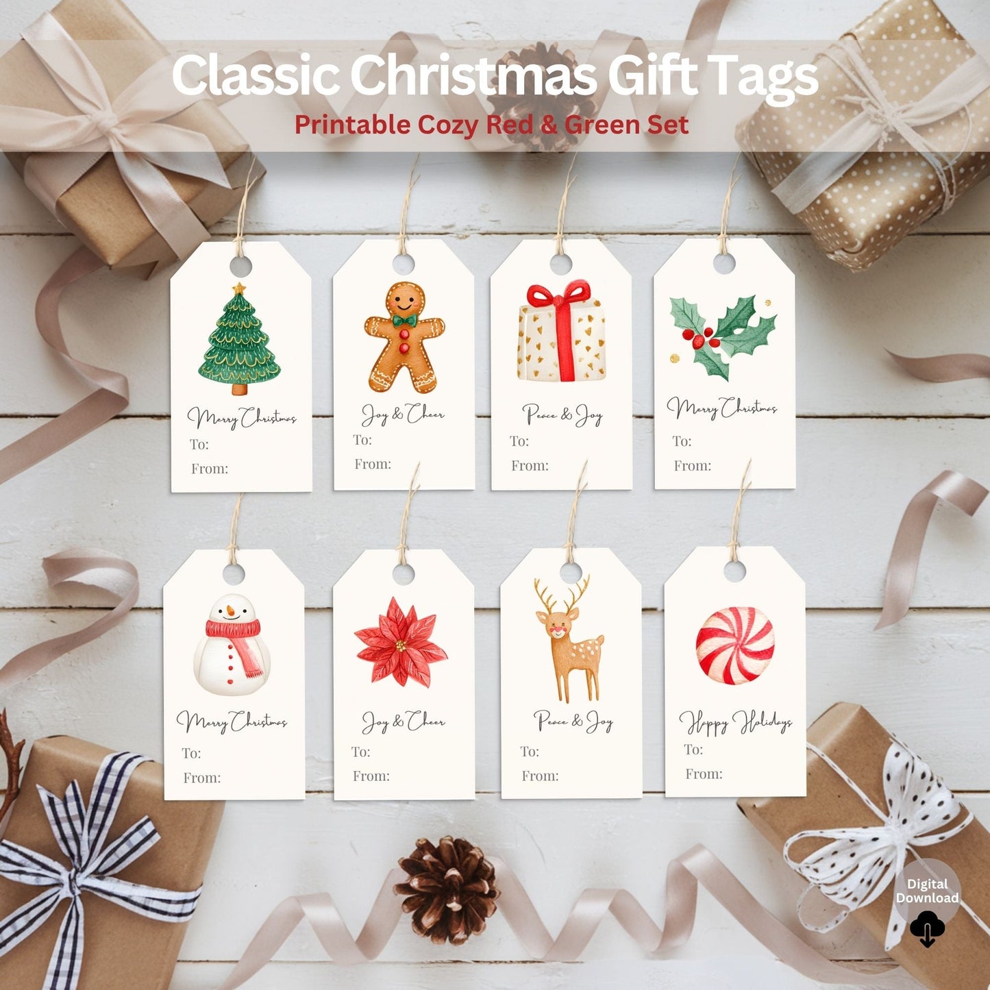 Printable Merry Christmas Gift Tags | Classic Red & Green Holiday Tags | Cozy Gingerbread & Tree Design Set (Digital Download) – Digital Printable by Digital Kim Designs