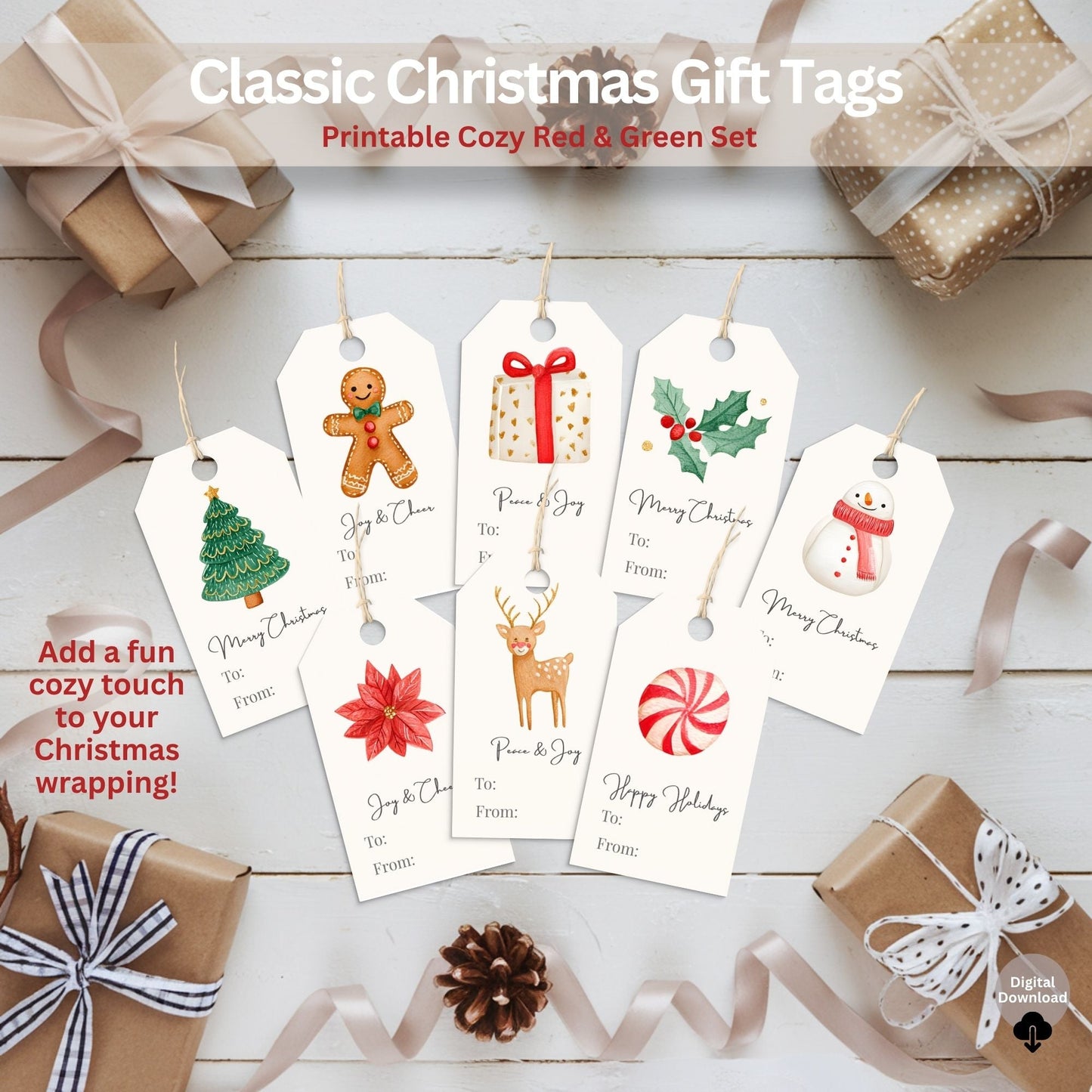 Printable Merry Christmas Gift Tags | Classic Red & Green Holiday Tags | Cozy Gingerbread & Tree Design Set (Digital Download) – Digital Printable by Digital Kim Designs