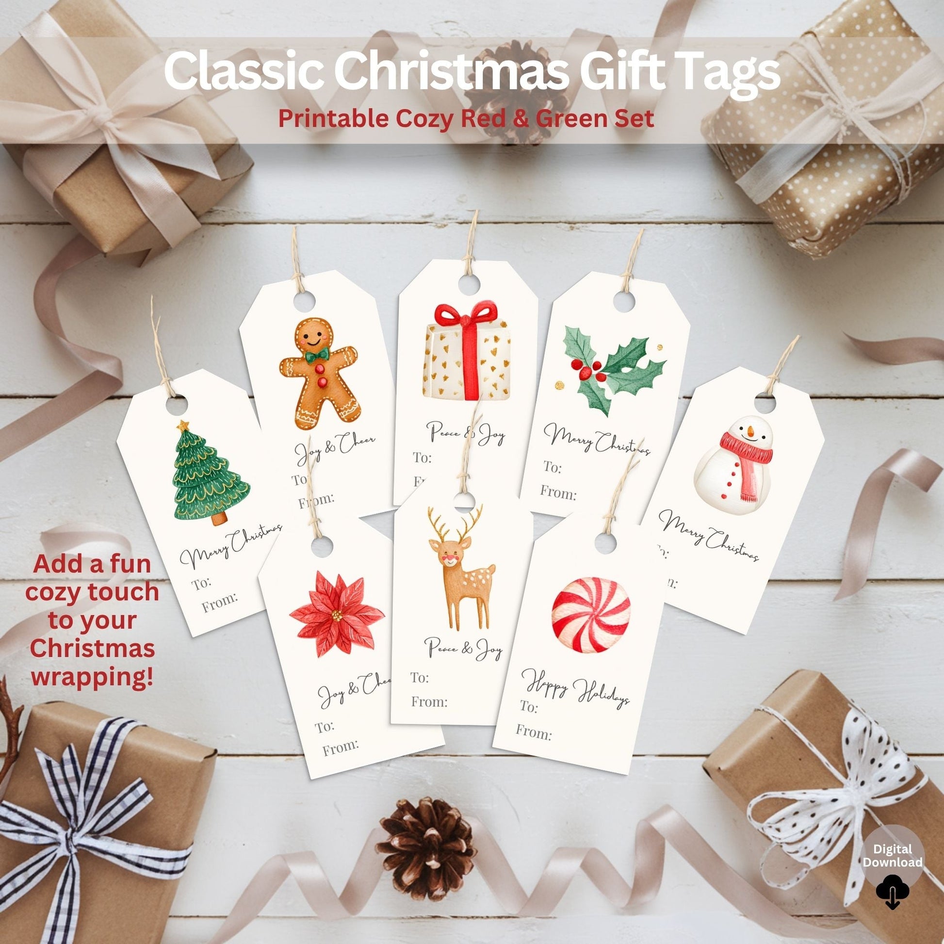 Printable Merry Christmas Gift Tags | Classic Red & Green Holiday Tags | Cozy Gingerbread & Tree Design Set (Digital Download) – Digital Printable by Digital Kim Designs