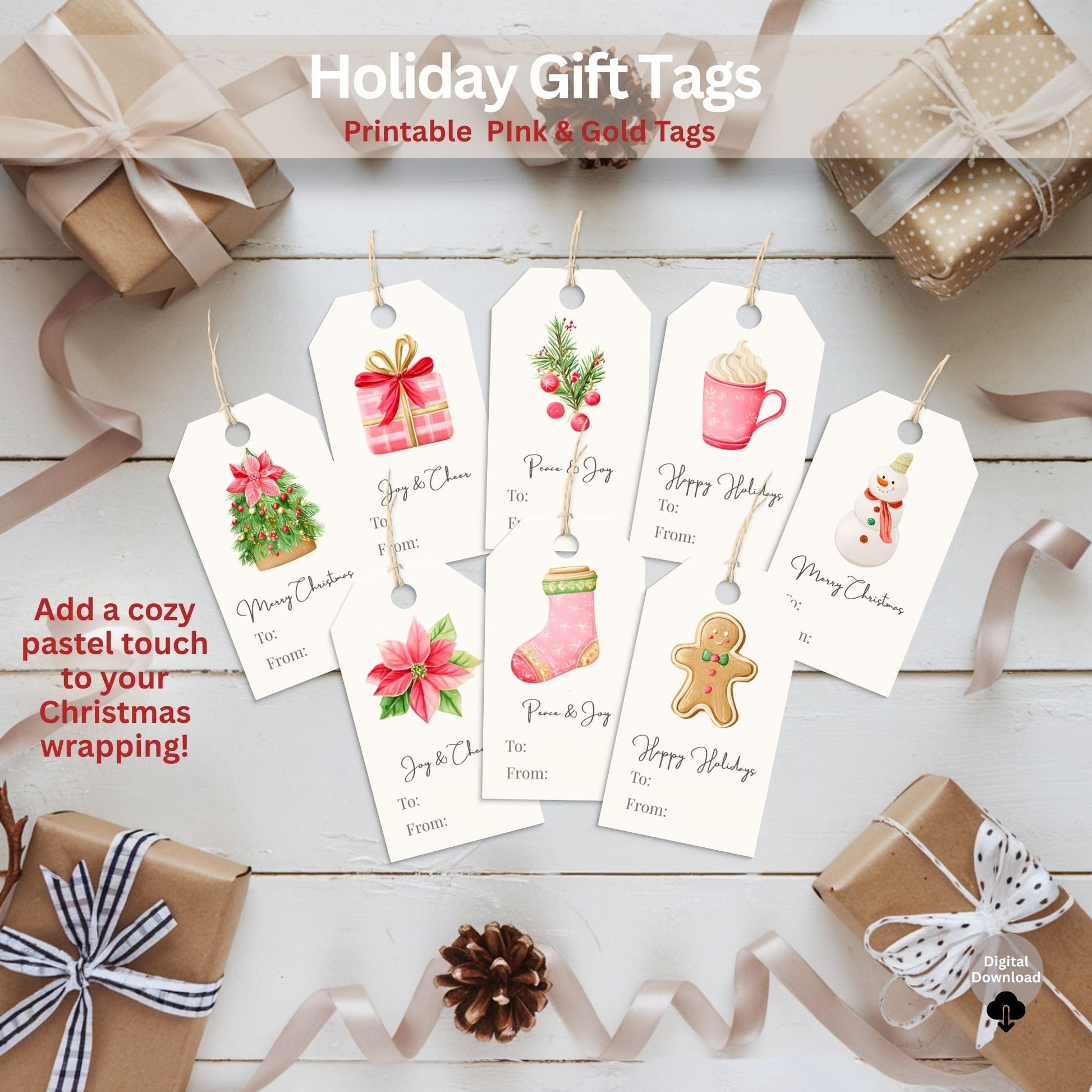 Printable Pink Christmas Gift Tags | Cozy Holiday Tag Set | Elegant Pink & Gold Wrapping Labels (Digital Download) – Digital Printable by Digital Kim Designs