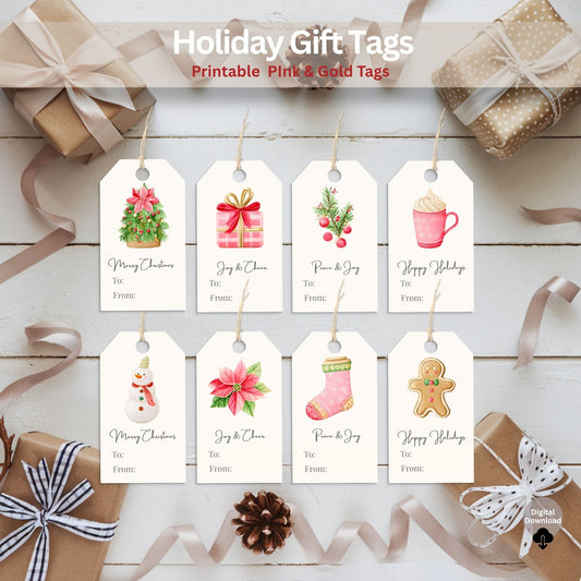Printable Pink Christmas Gift Tags | Cozy Holiday Tag Set | Elegant Pink & Gold Wrapping Labels (Digital Download) – Digital Printable by Digital Kim Designs