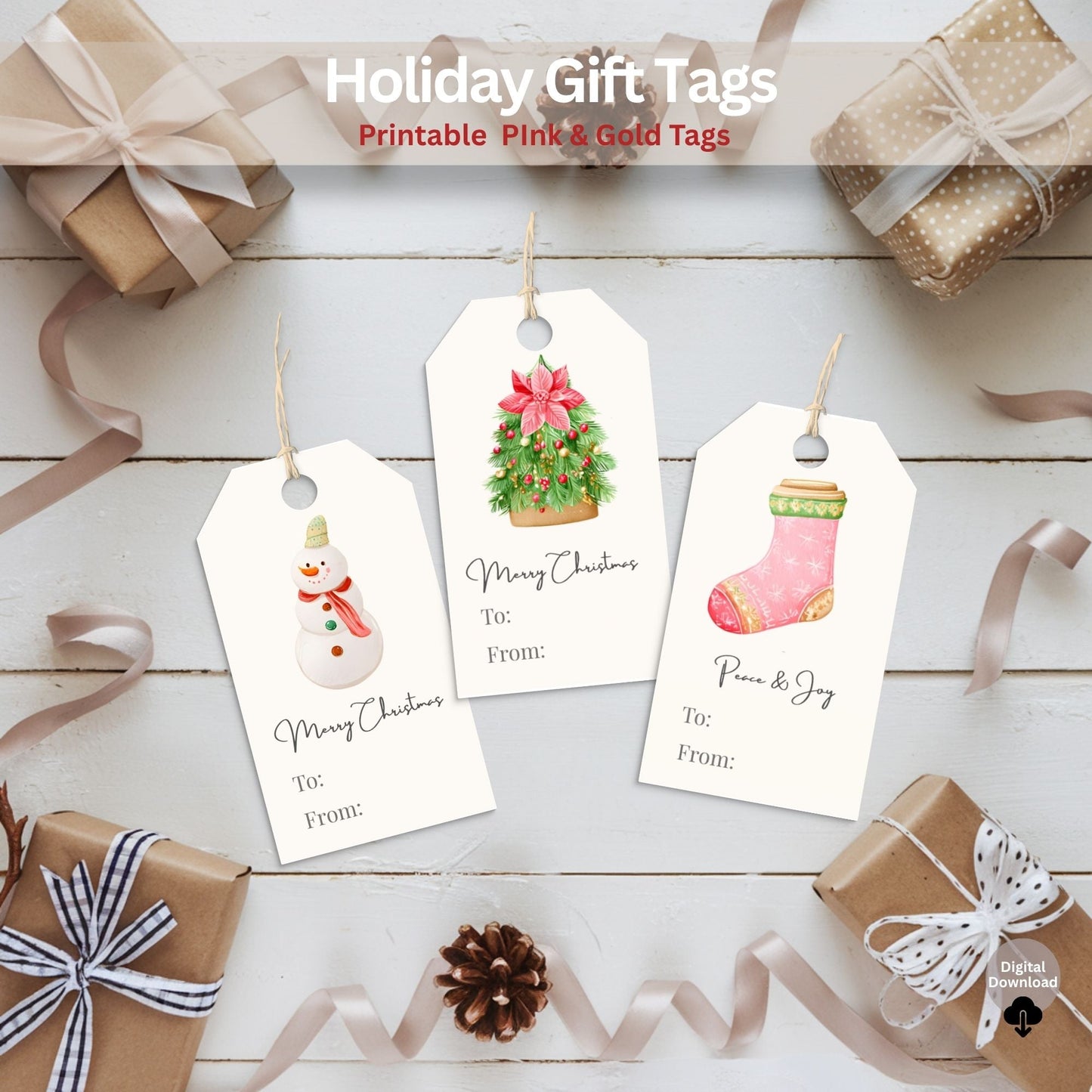 Printable Pink Christmas Gift Tags | Cozy Holiday Tag Set | Elegant Pink & Gold Wrapping Labels (Digital Download) – Digital Printable by Digital Kim Designs