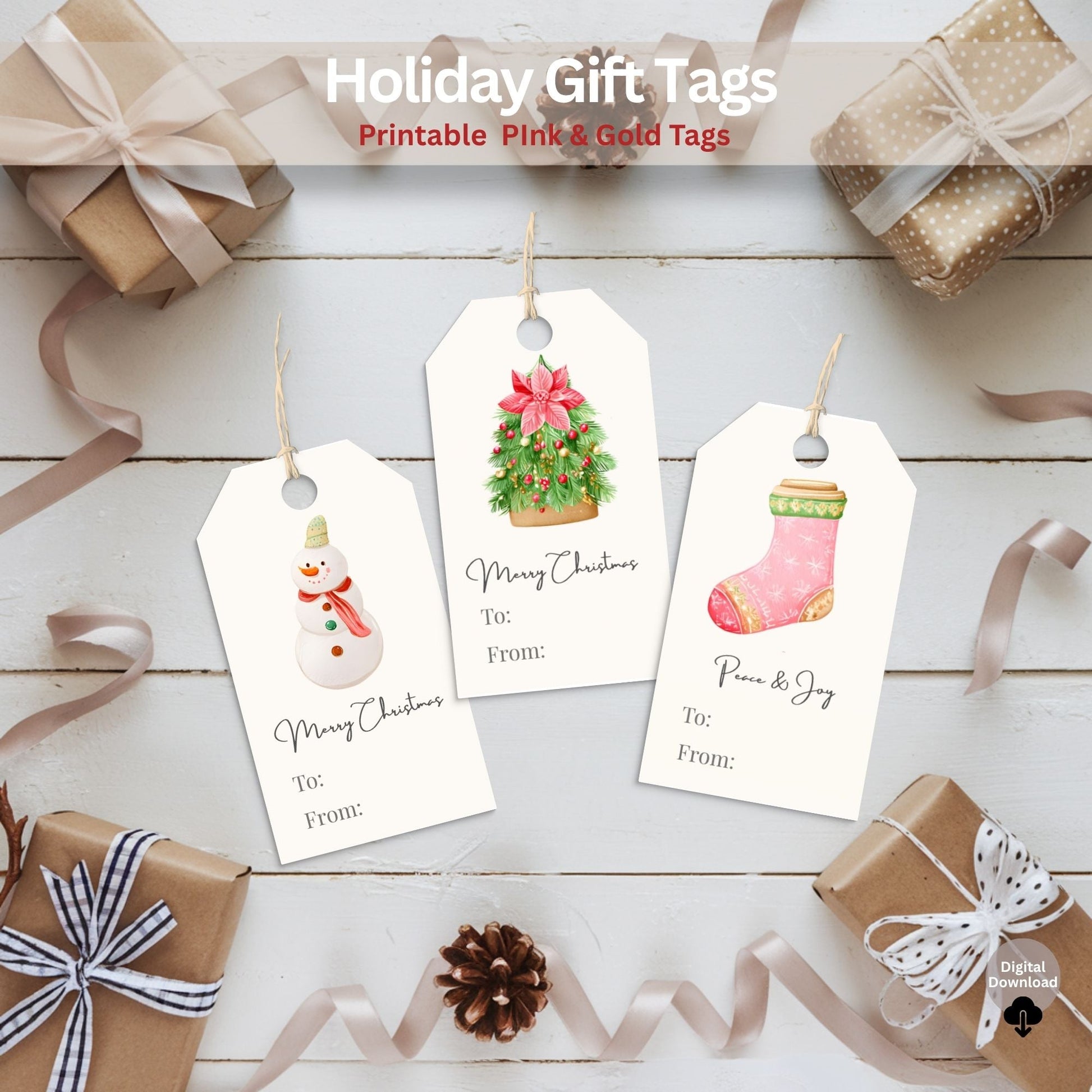 Printable Pink Christmas Gift Tags | Cozy Holiday Tag Set | Elegant Pink & Gold Wrapping Labels (Digital Download) – Digital Printable by Digital Kim Designs