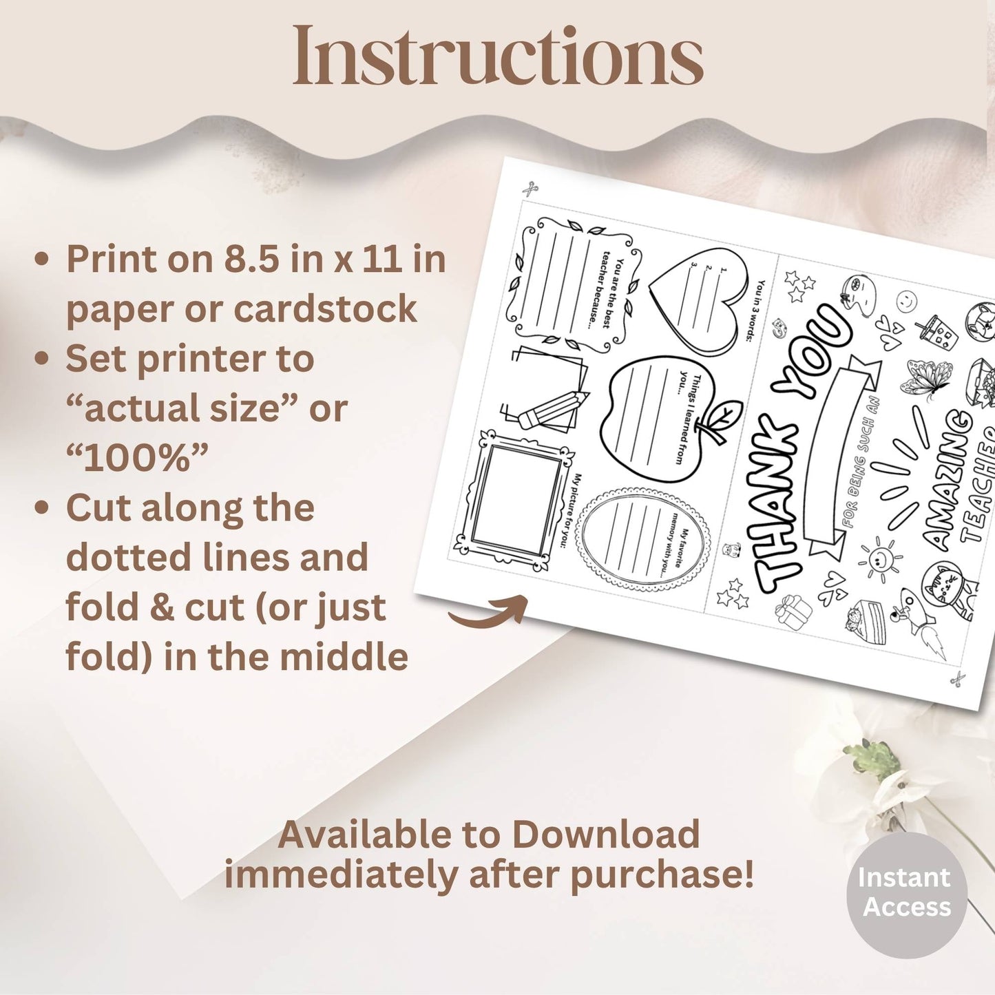 Printable Teacher Thank You Card – 8.5x11 Coloring Craft for Kids, Foldable PDF Appreciation Card, Instant Digital Download – Faith - Based Printable by Digital Kim Designs