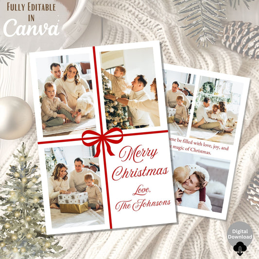 Red Ribbon Boho Christmas Photo Card – Editable Canva Template – Digital Printable by Digital Kim Designs
