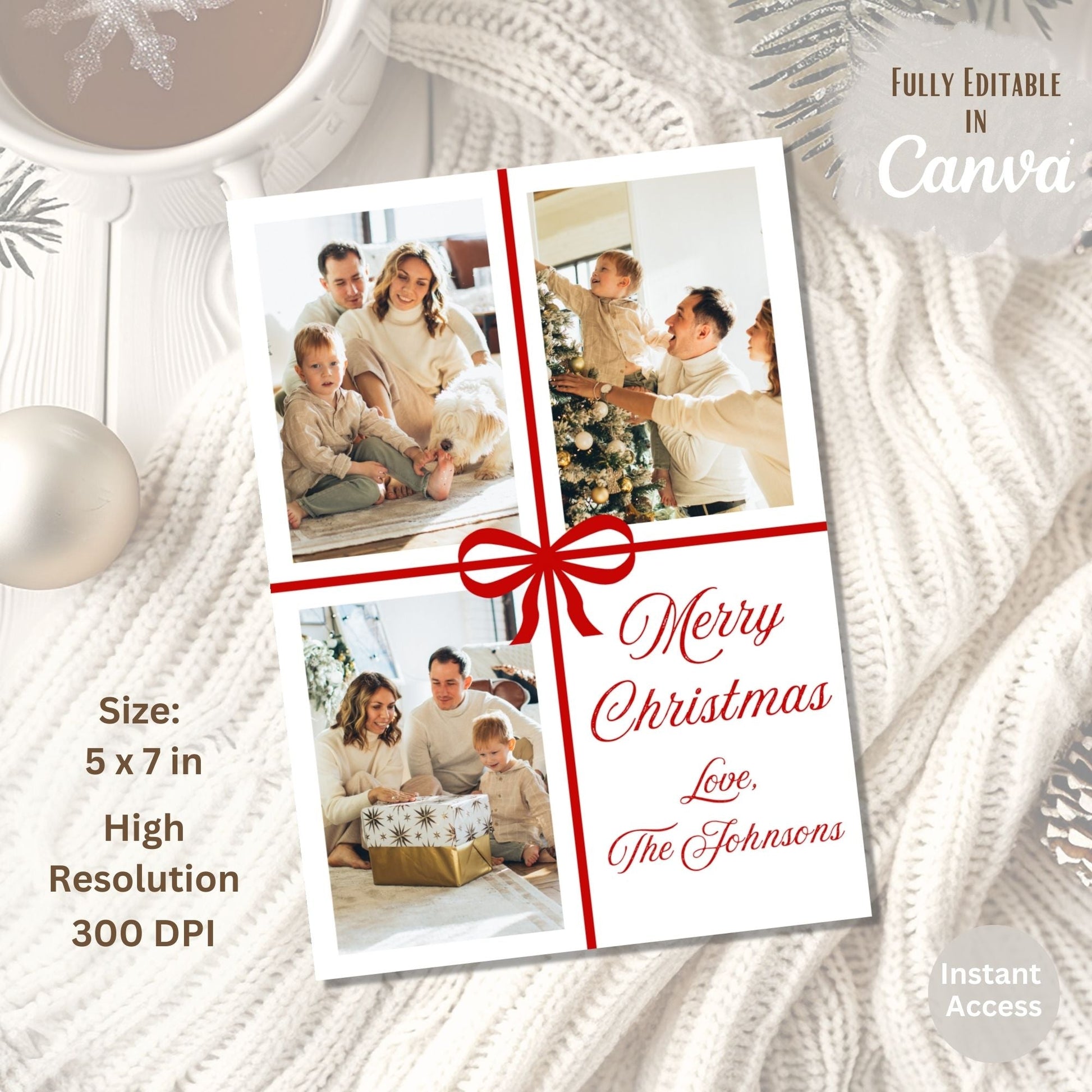 Red Ribbon Boho Christmas Photo Card – Editable Canva Template – Digital Printable by Digital Kim Designs