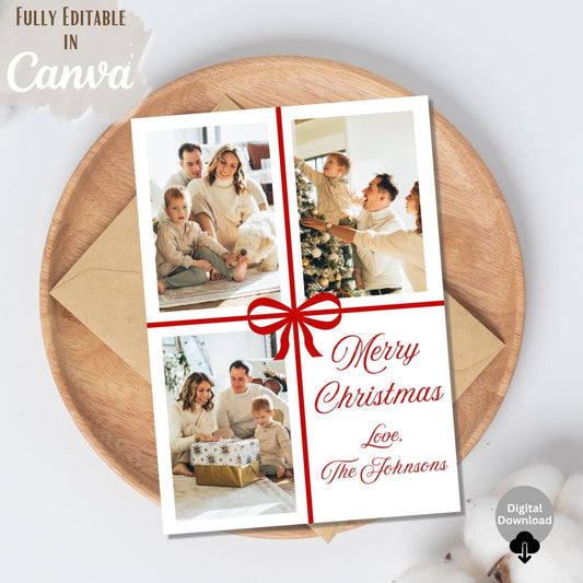 Red Ribbon Boho Christmas Photo Card – Editable Canva Template – Digital Printable by Digital Kim Designs