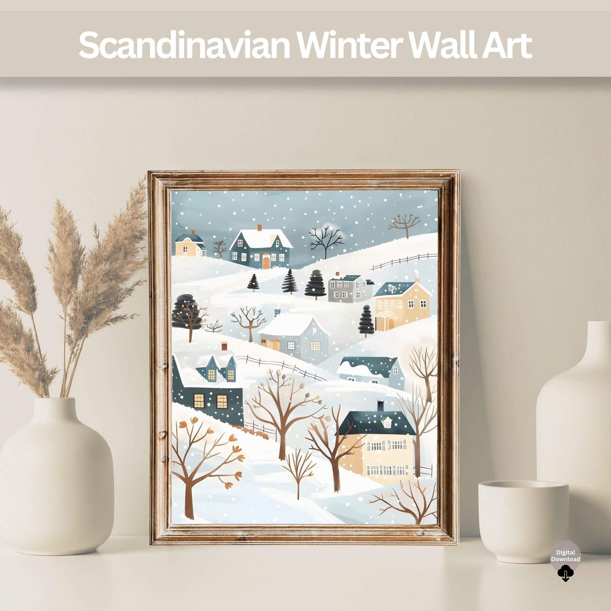 Scandinavian Winter Wall Art | Snowy Village Print | Cozy Nordic Christmas Decor – Digital Printable by Digital Kim Designs
