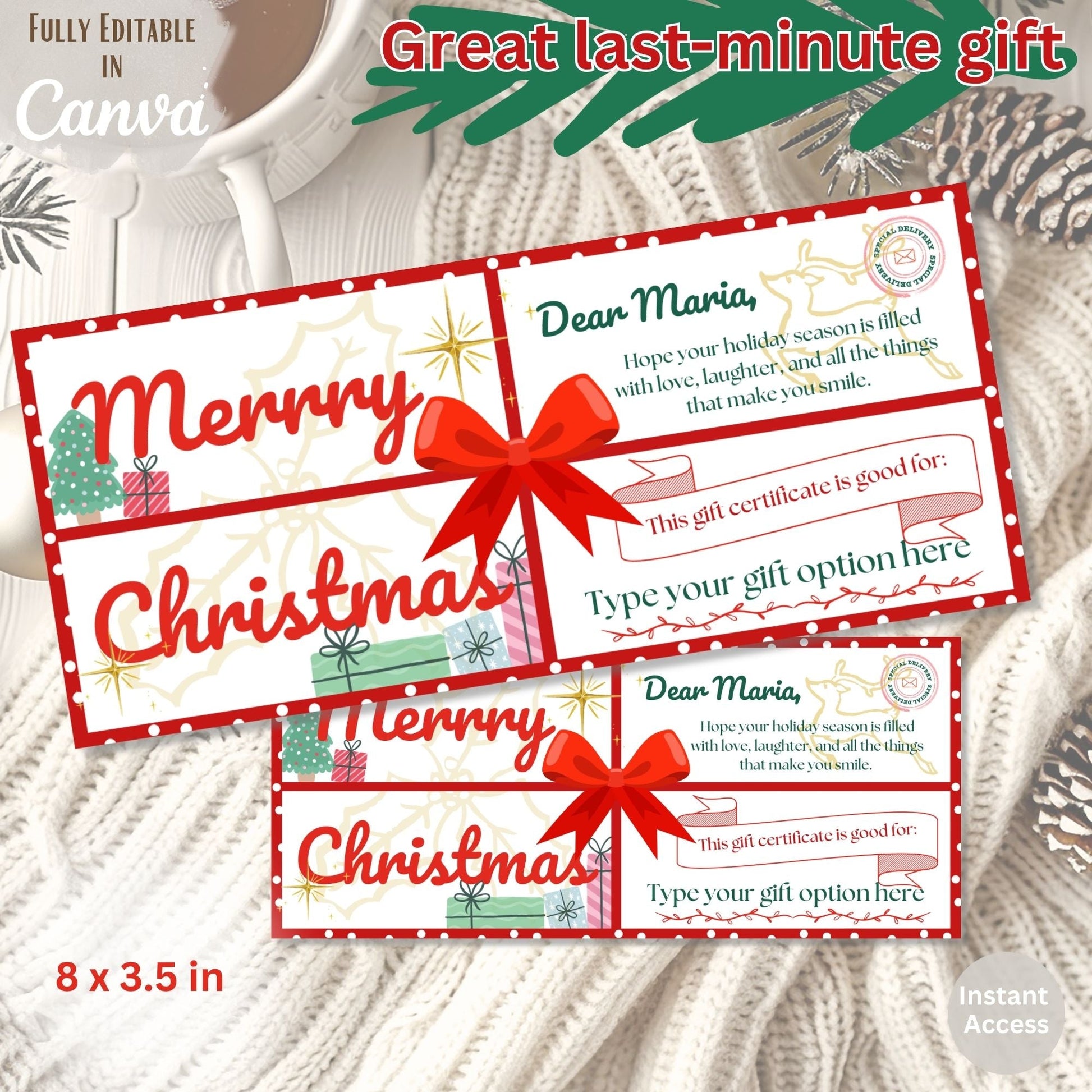 Shopify Product Title Editable Christmas Gift Certificate – Printable Holiday Voucher Template (Digital Download)) – Digital Printable by Digital Kim Designs