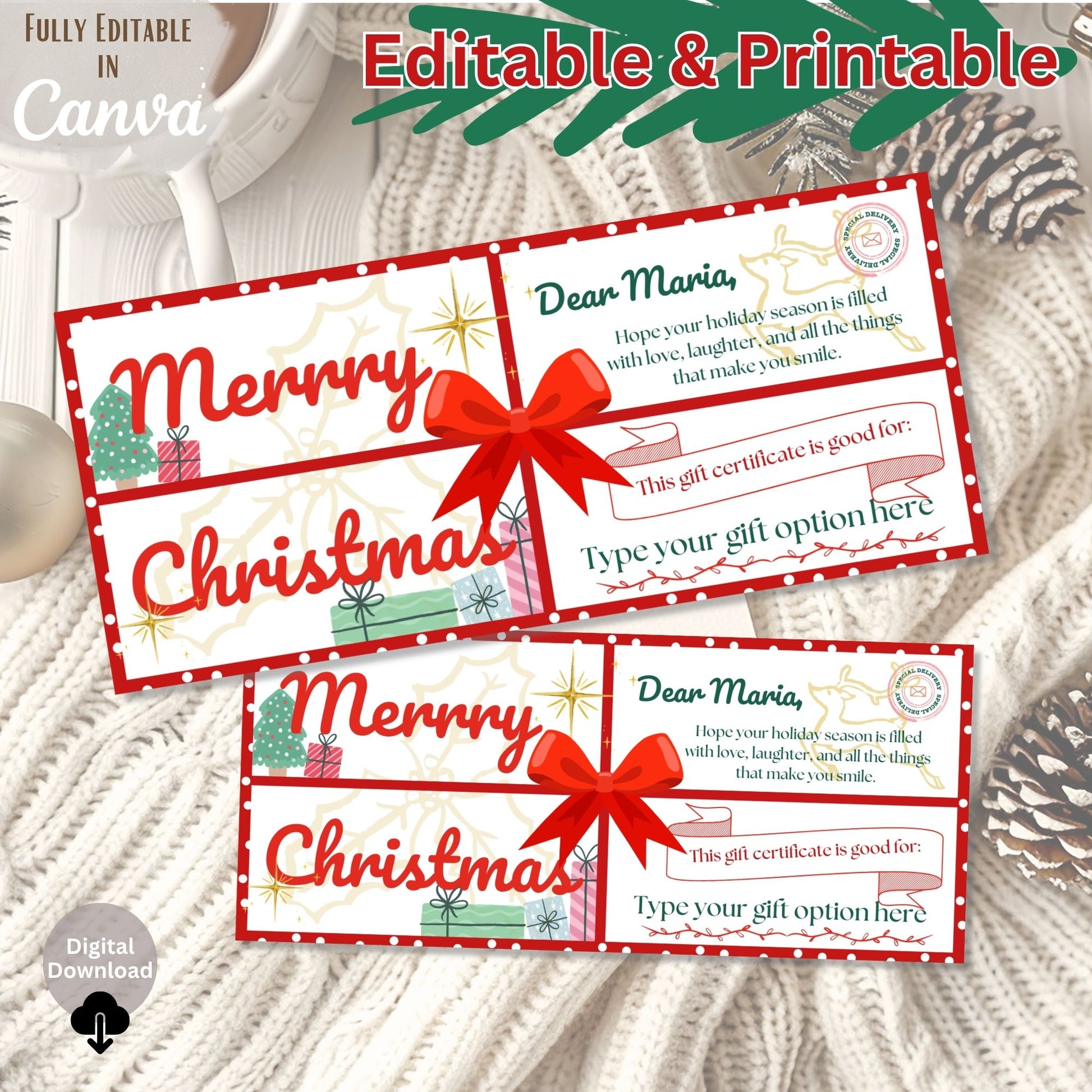 Shopify Product Title Editable Christmas Gift Certificate – Printable Holiday Voucher Template (Digital Download)) – Digital Printable by Digital Kim Designs