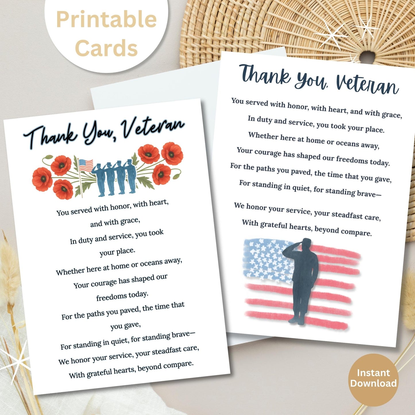 Veterans Thank You Card Bundle – Printable Patriotic Cards with Poem (4 Designs, Instant Download) – Faith - Based Printable by Digital Kim Designs