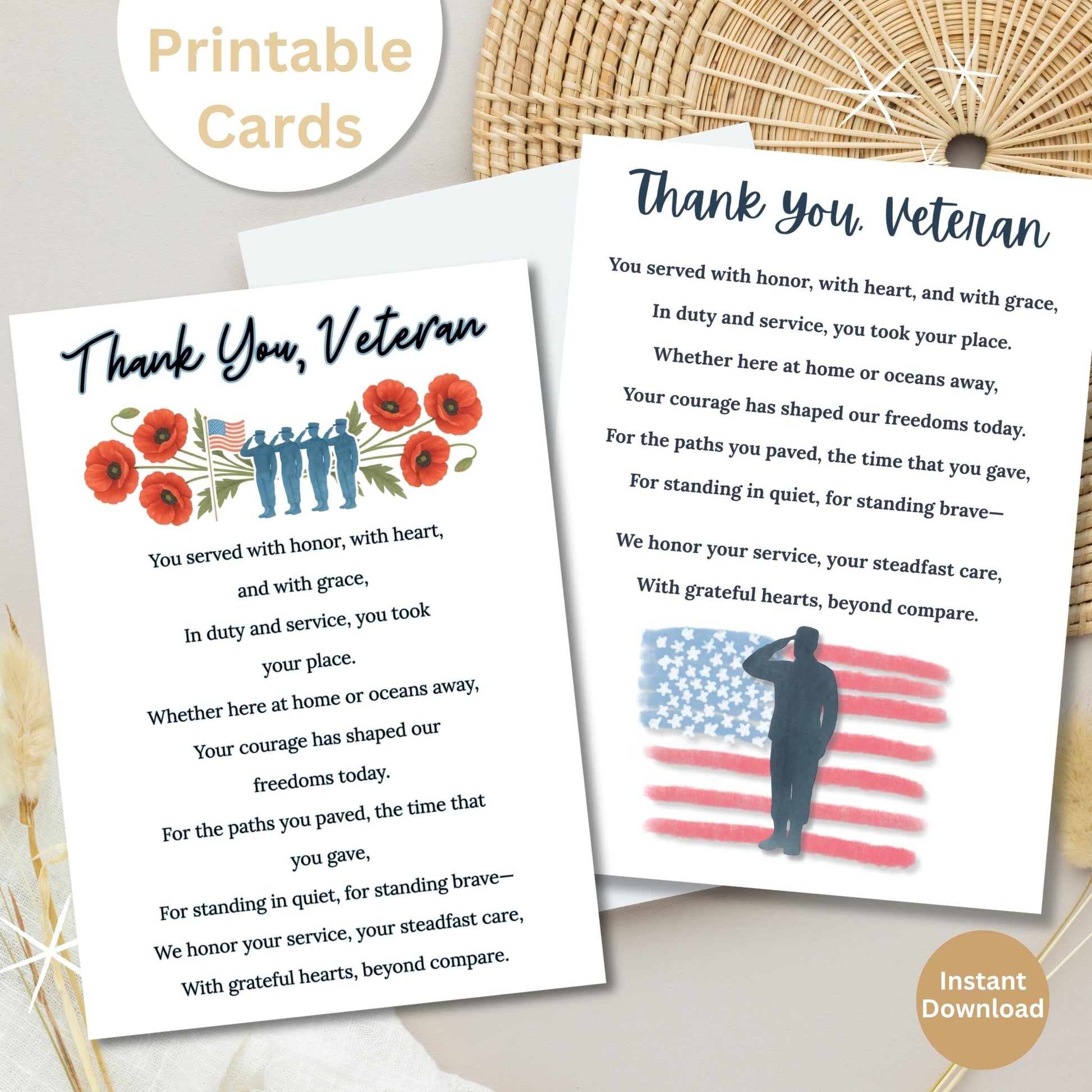Veterans Thank You Card Bundle – Printable Patriotic Cards with Poem (4 Designs, Instant Download) – Faith - Based Printable by Digital Kim Designs