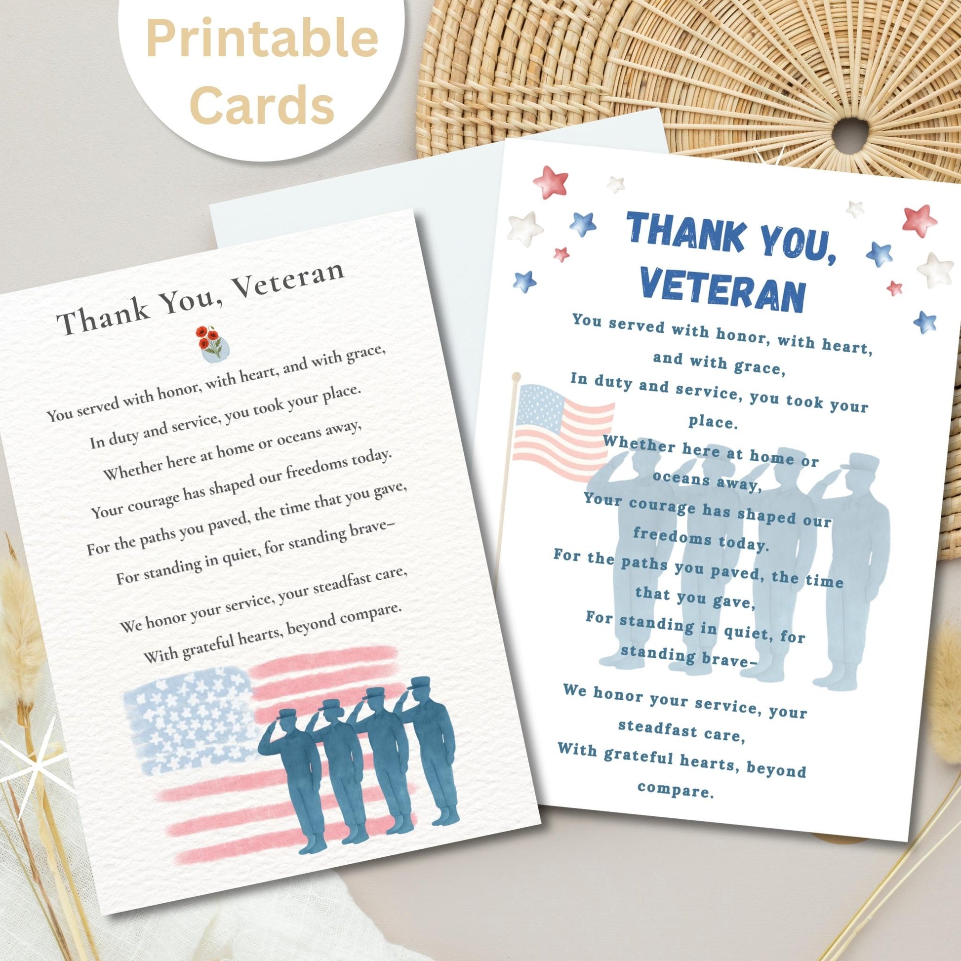 Veterans Thank You Card Bundle – Printable Patriotic Cards with Poem (4 Designs, Instant Download) – Faith - Based Printable by Digital Kim Designs