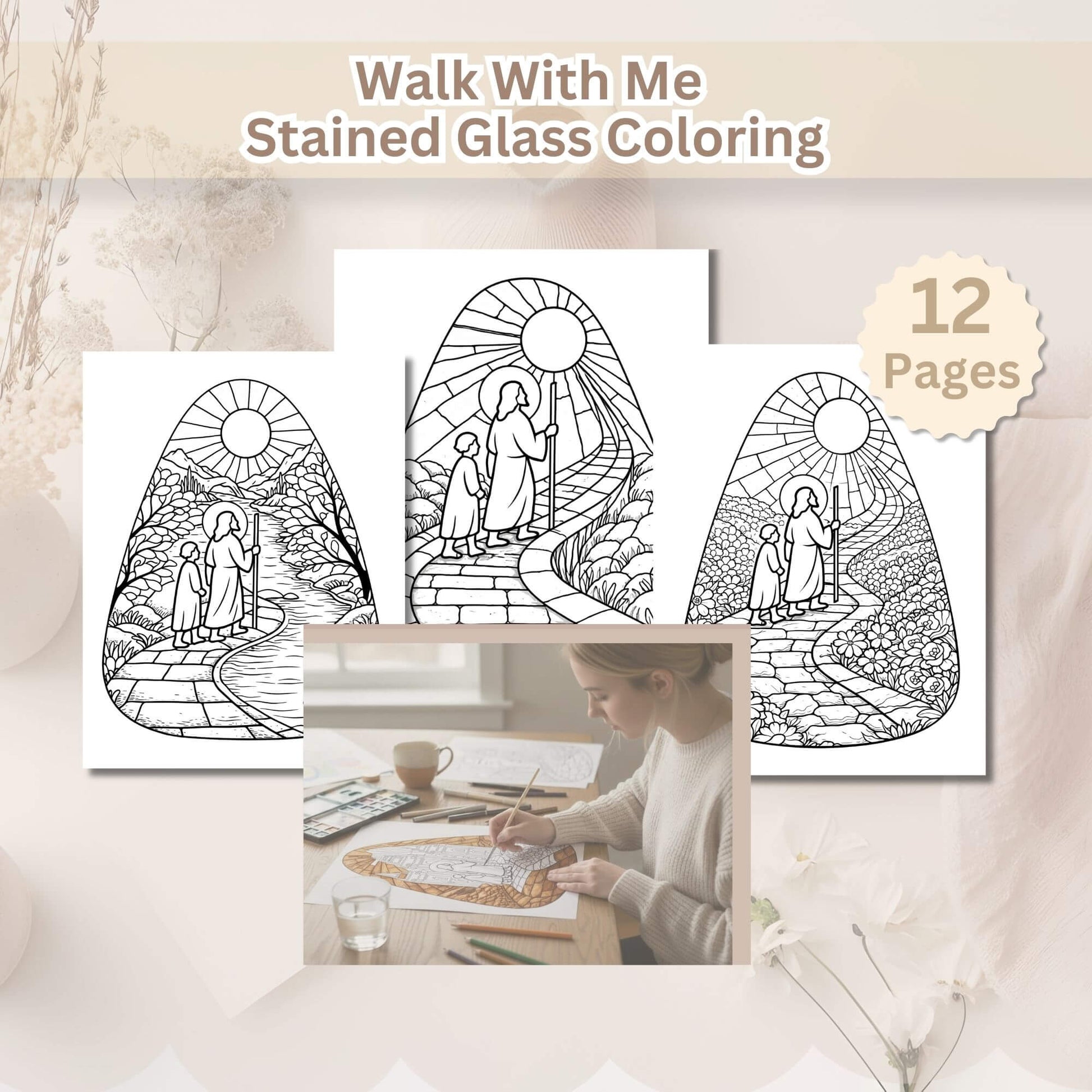 Walk With Me Stained Glass Coloring Pages | Faith - Based Christian Coloring (12 - Page PDF) – Digital Printable by Digital Kim Designs