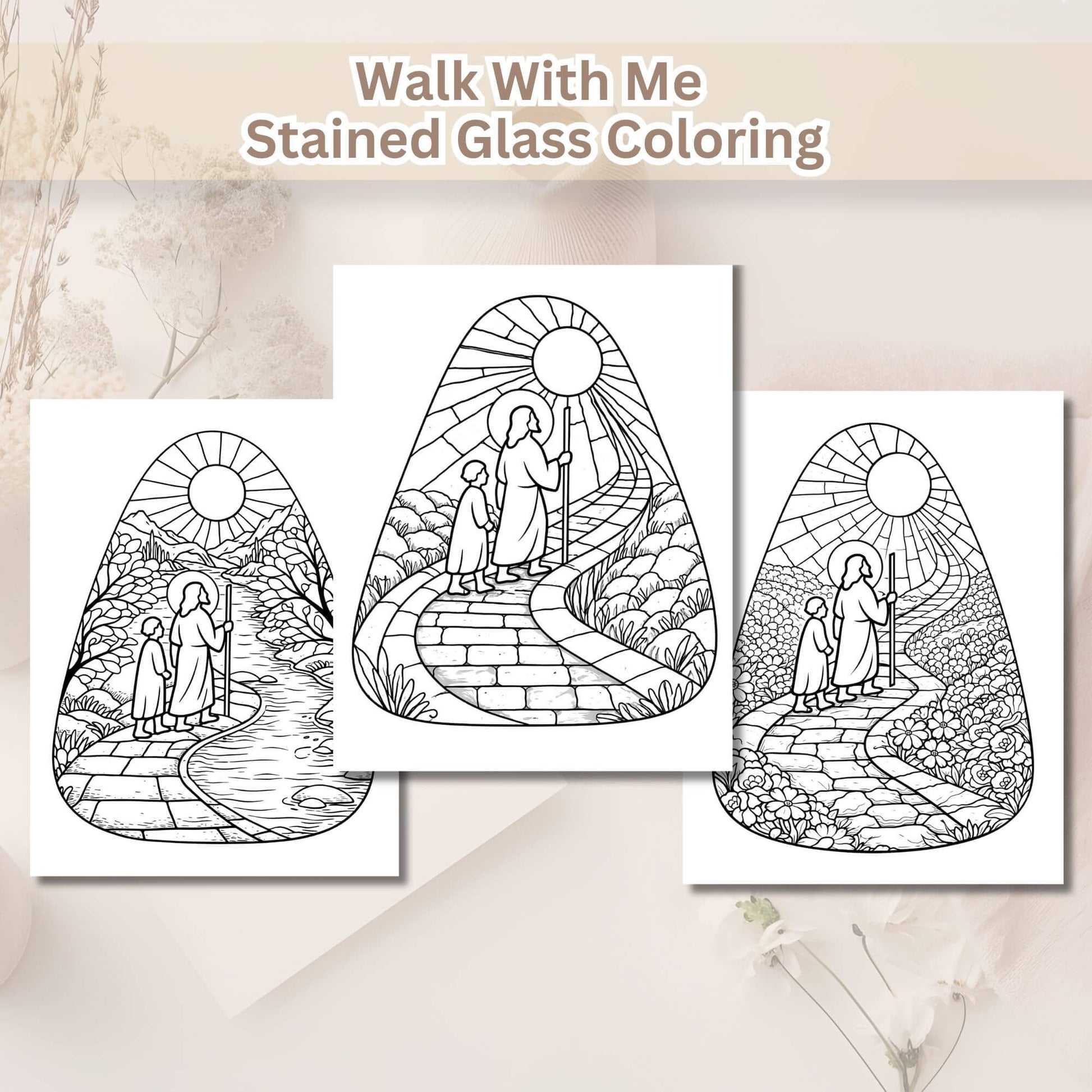 Walk With Me Stained Glass Coloring Pages | Faith - Based Christian Coloring (12 - Page PDF) – Digital Printable by Digital Kim Designs